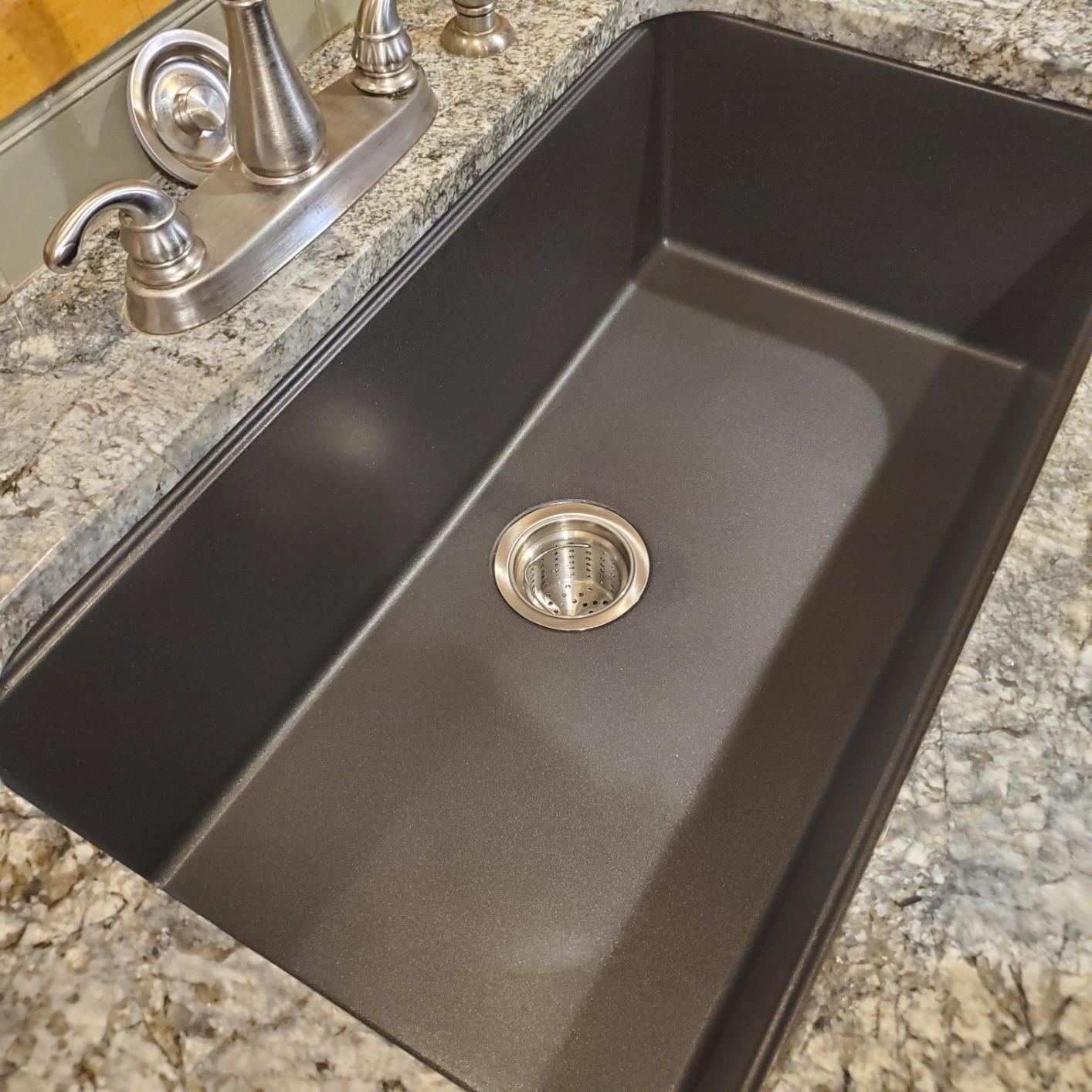 KRAUS Black Onyx 31 in Undermount Granite Kitchen Sink KGU-413B | Quartz composite with metallic particles, heat-safe, non-porous surface resists stains, colored through to resist fading customer photo 2