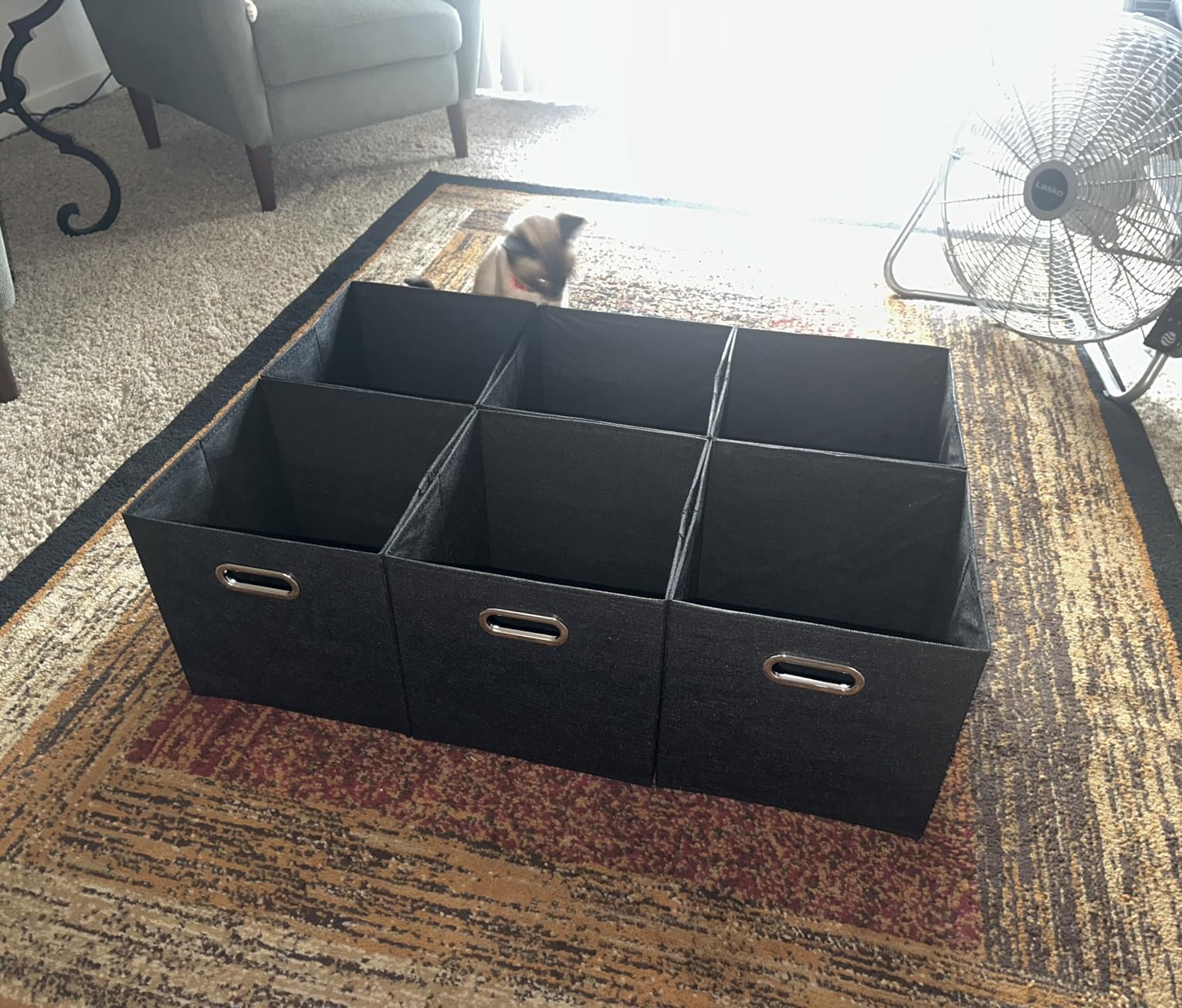 Household Essentials Foldable Fabric Storage Bins 6 Piece Set, Strong Poly-Woven Fabric, Sturdy Chipboard Sides, Grommet Front Handle, Stackable, Classic Design, Black customer photo 1