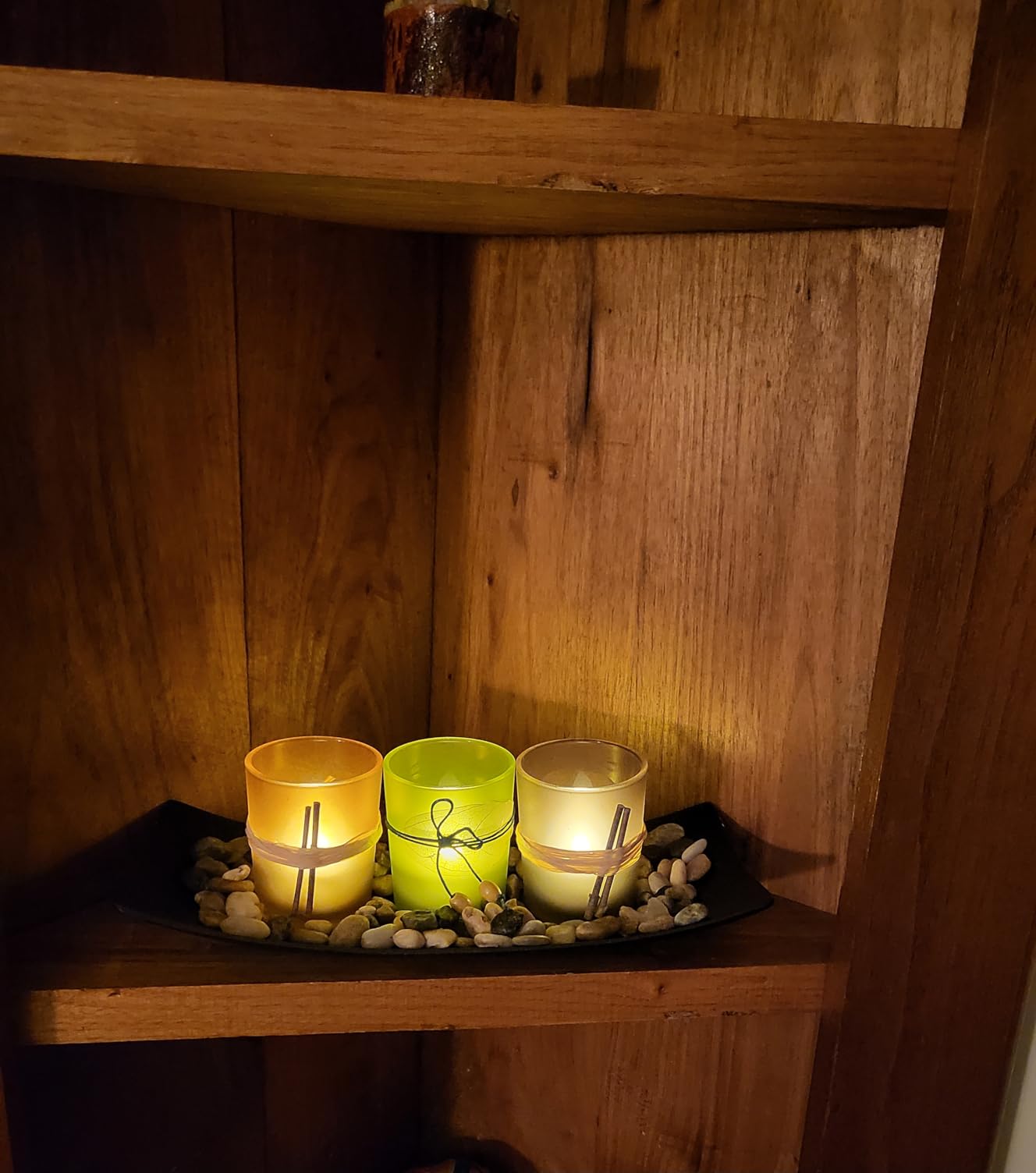 Dawhud Direct Decorative Votive Candle Holders, Vintage Decor Flameless Candlescape Set, 3 LED Tea Light Candles, Rocks and Tray - Fall Table Decor (Earth Tones) customer photo 2