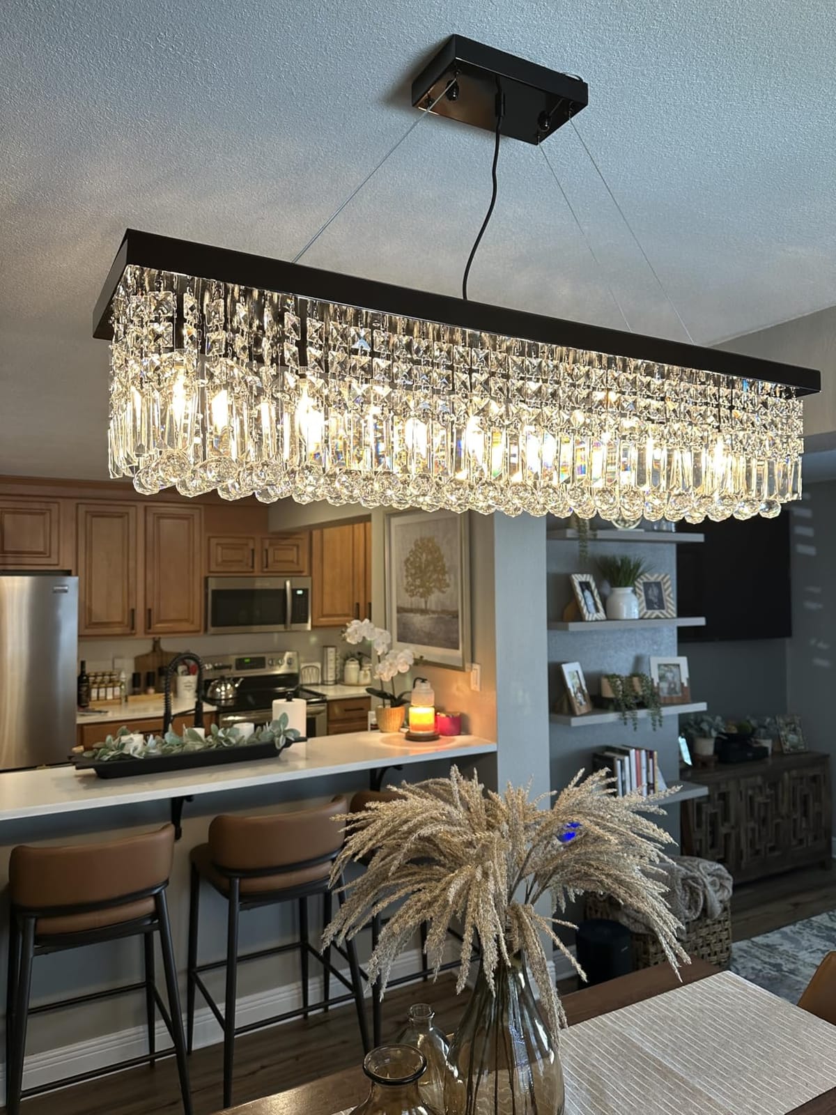 7PM Rectangle K9 Crystal Chandelier Modern Rectangular Pendant Lighting Fixture for Dining Room Kitchen Island Bedroom Black L47'' x W10'' x H10'' customer photo 2