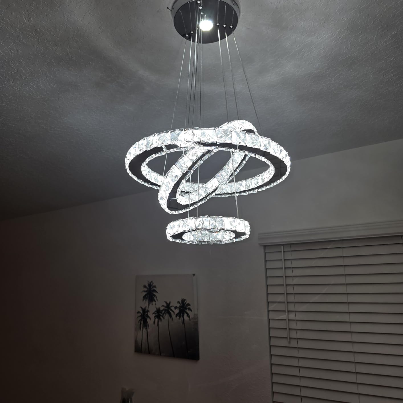 3-Ring LED Crystal Chandelier for Dining Room, Silver | Silver cool white pendant light, adjustable height, crystal and steel; for dining room, kitchen island, foyer or bedroom customer photo 1