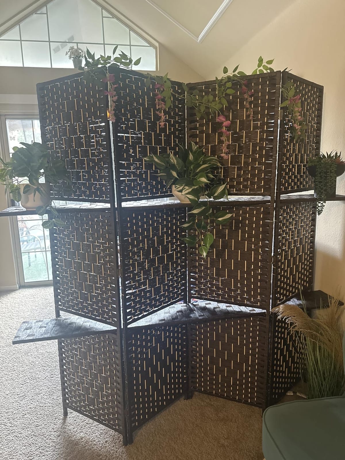 FDW | 4 Panel Folding Room Divider with Shelves | 5.9ft, Brown | Wooden Wall Divider | Hand Woven Mesh, Portable & Foldable | Easy to Move | For Space Separation, Living Room, Bedroom customer photo 1