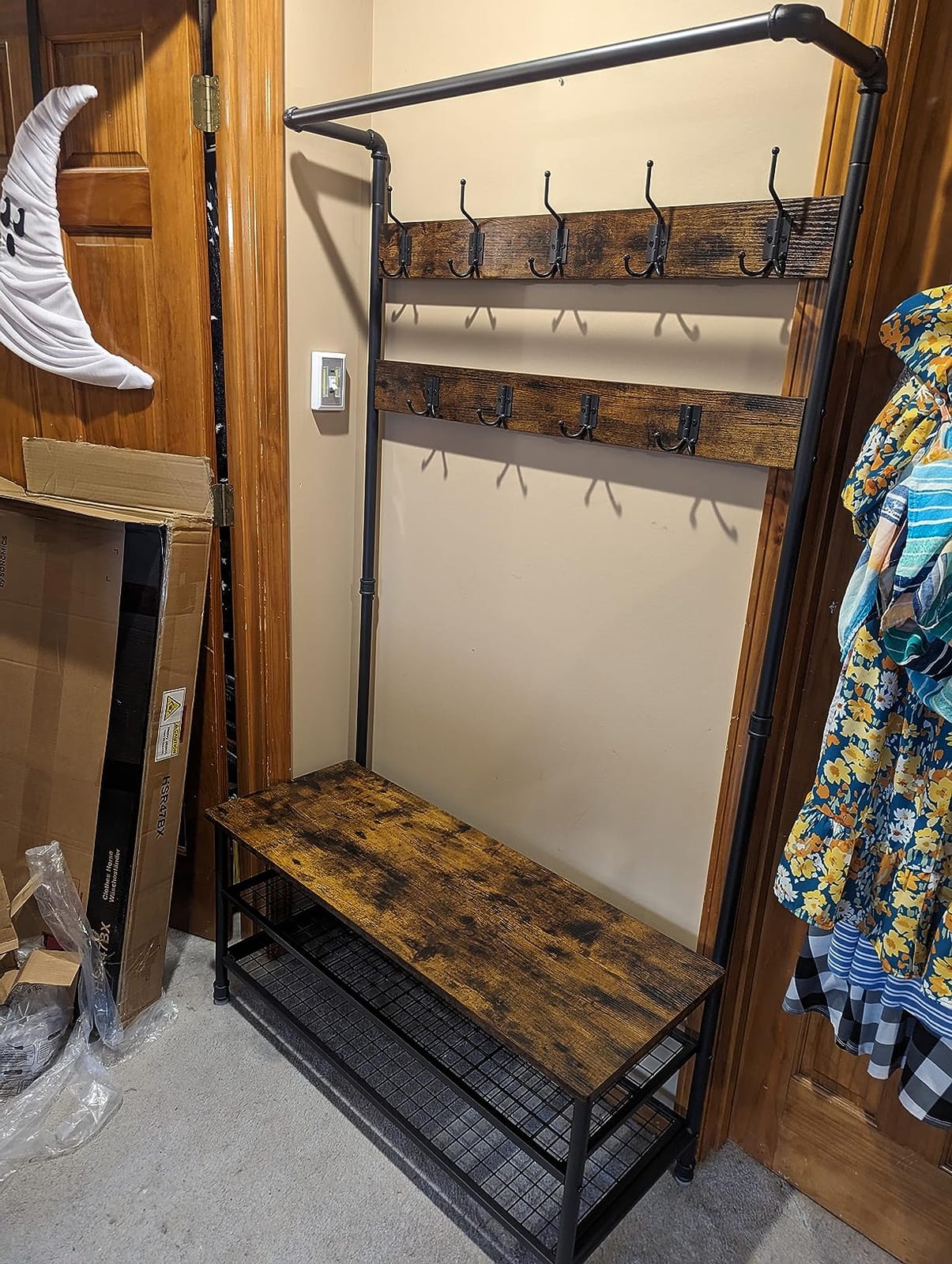 VASAGLE Coat Rack and Storage Bench, Hall Tree with 9 Hooks, Steel Frame, Pipe Style, Rustic Brown and Black, DALSON Collection UHSR47BX customer photo 1
