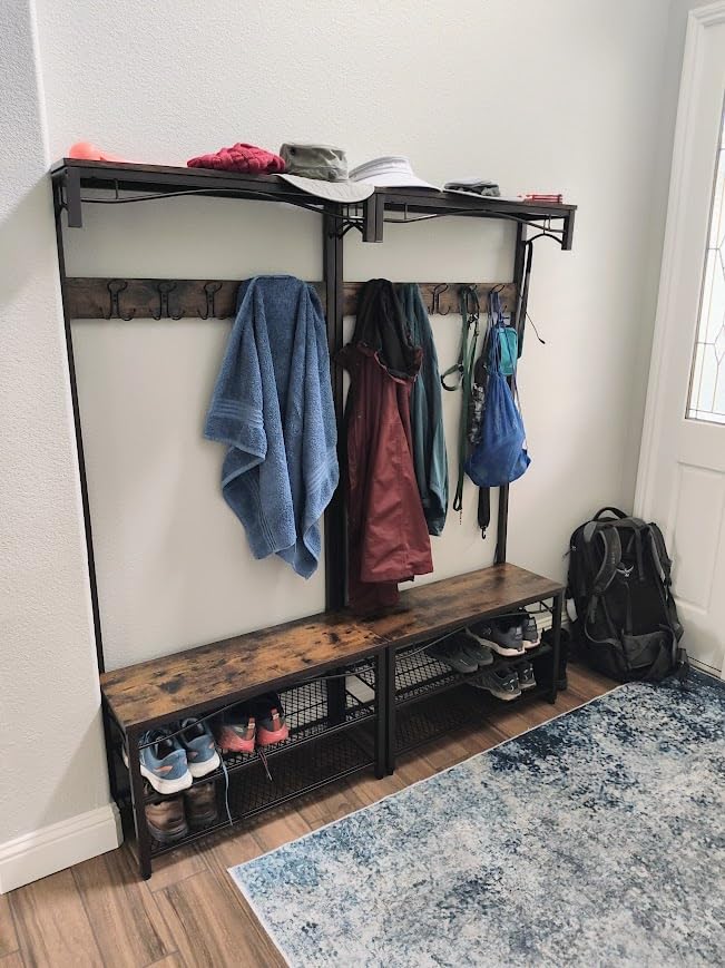 VASAGLE Coat Rack and Storage Bench, Hall Tree with 9 Hooks, Steel Frame, Pipe Style, Rustic Brown and Black, DALSON Collection UHSR47BX customer photo 2