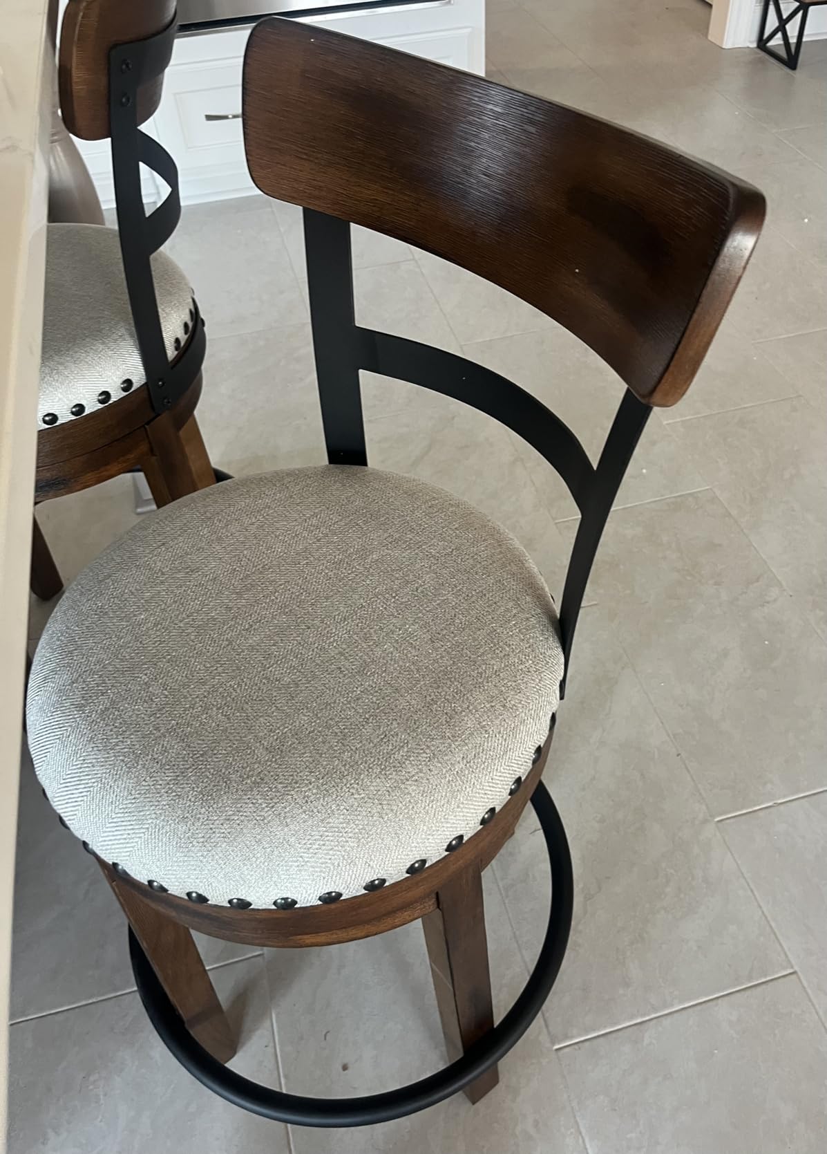 Signature Design by Ashley Valebeck Counter Height Bar Stool, Brown | Rustic-industrial wood and metal stool, Cushioned comfort, Tailored nailhead trim, Smooth 360-degree swivel customer photo 1
