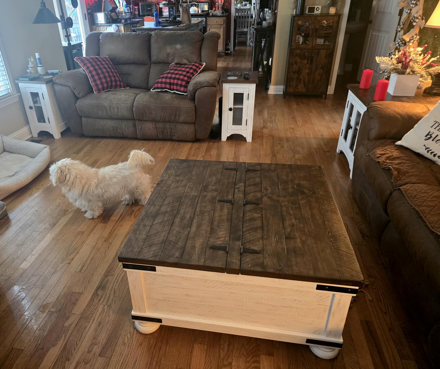 Signature Design by Ashley Lift Top Coffee Table with Storage, Farmhouse | Pine veneers, wood & engineered wood, Split-top spring lift, Hidden trunk storage, 36-in square footprint, Valebeck Series customer photo 2