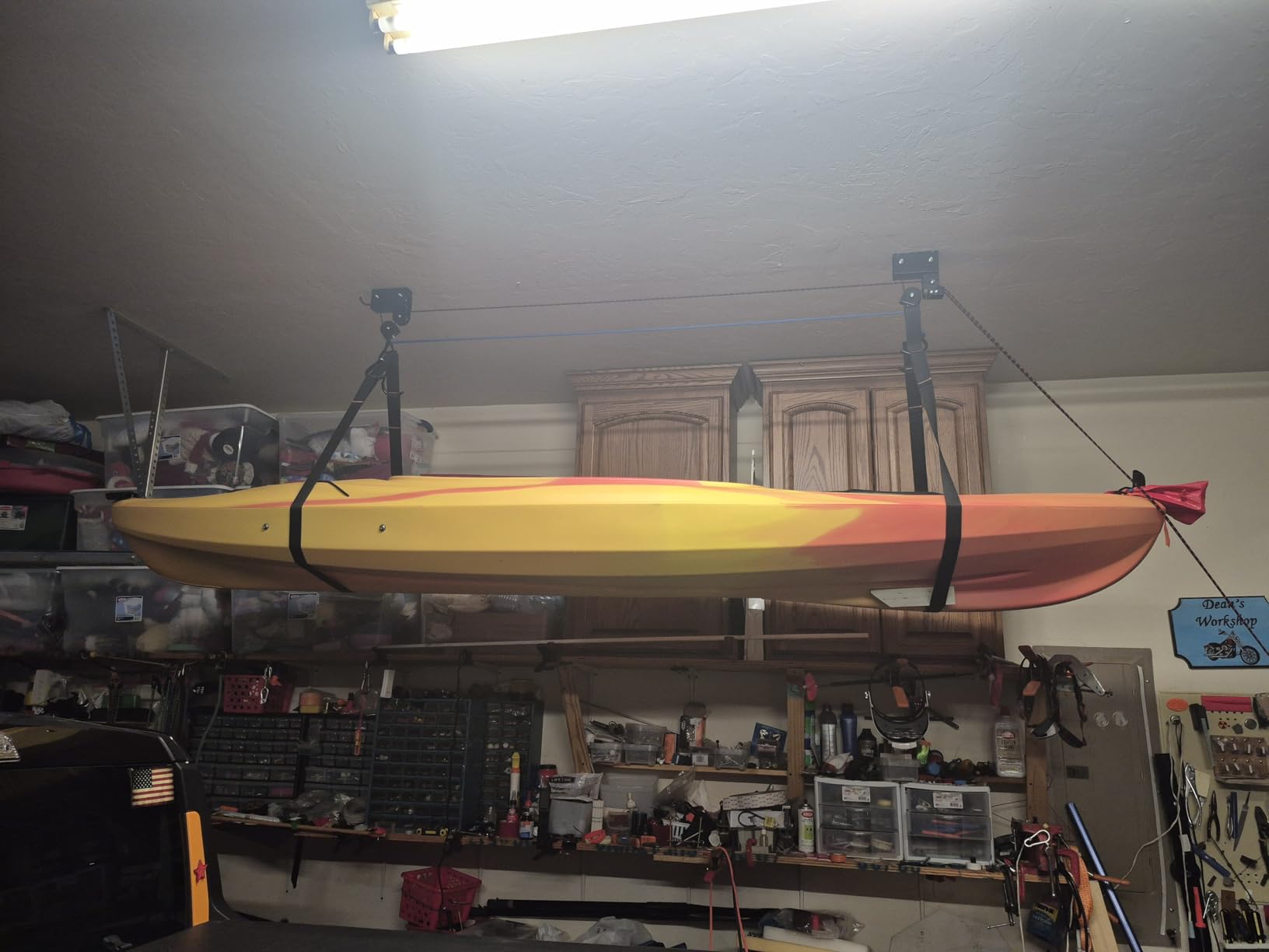 Kayak Ceiling Storage Bike Ceiling Mount Kayak Hoist Lift Storage Garage Pulley System for Canoe Paddleboard Bike Ladder 100 lbs Capacity with Straps customer photo 1