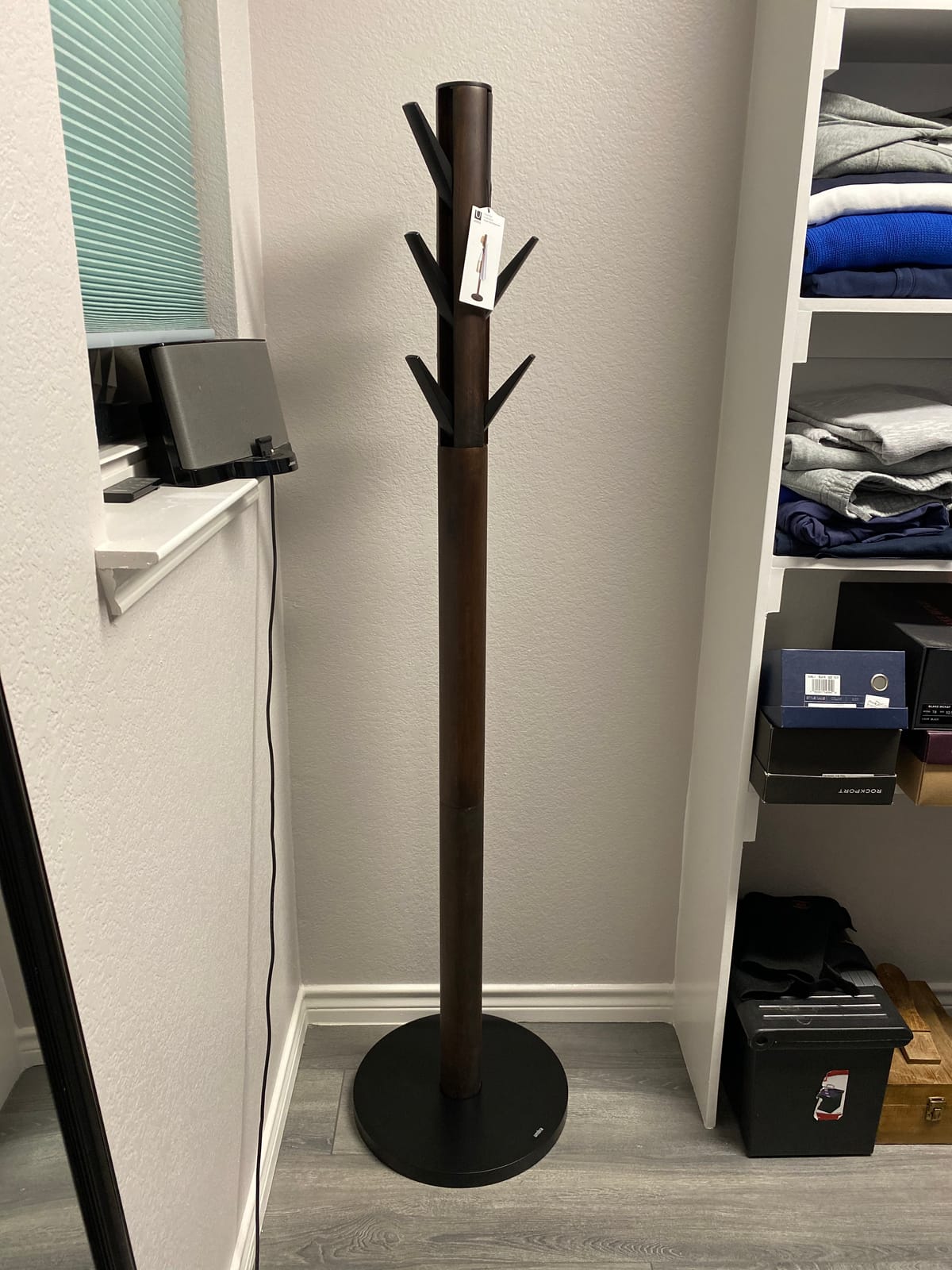 Umbra Flapper Coat Rack, Flip Down Clothing Rack, 9 Hooks, Grey, Rubberwood pole, holds 45 lbs total, compact footprint, entryway storage, hat and umbrella holder customer photo 2