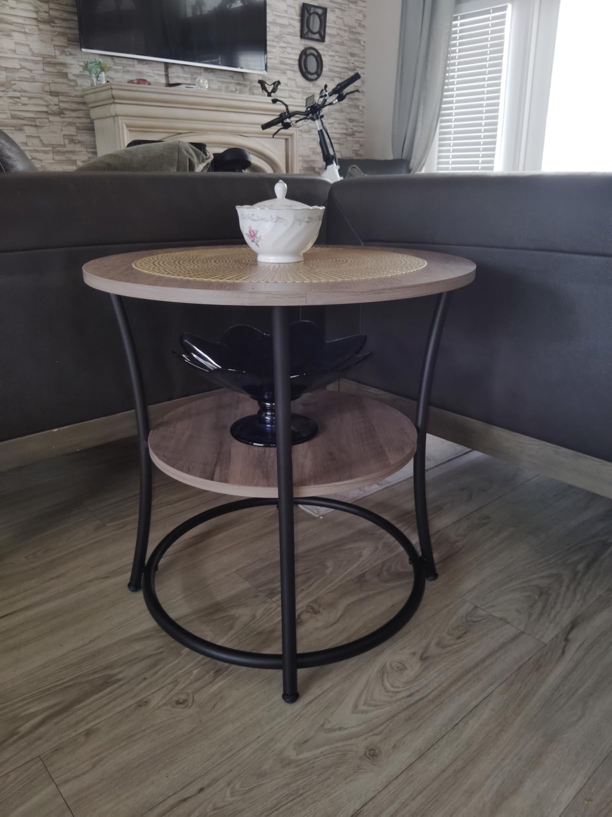 VASAGLE 21.7-Inch Round Side Table, 2-Tier End Table | Nightstand with Steel Frame, Spacious Top, for Small Spaces, Living Room, Bedroom, Heather Greige and Ink Black ULET56BG customer photo 2