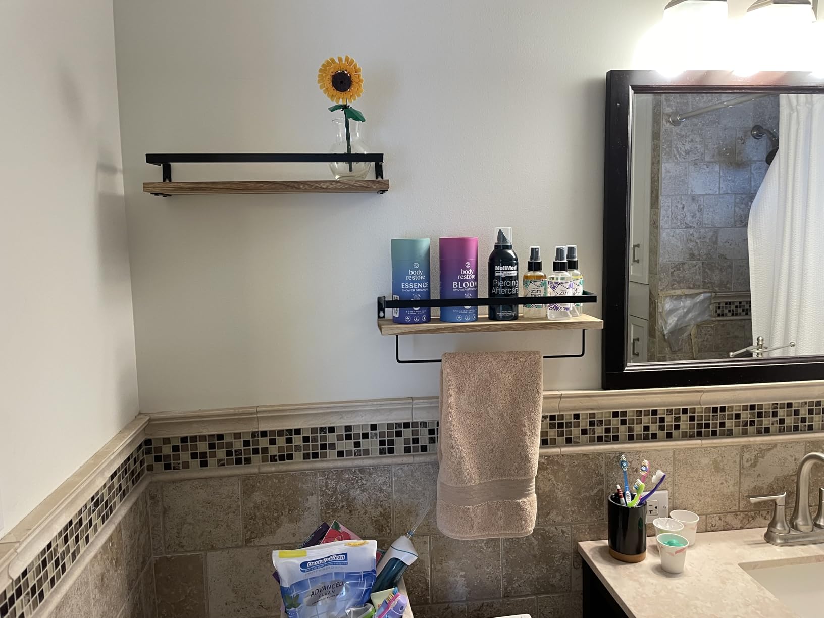 Amada Bathroom Shelves with Towel Bar, Set of 2, Light Brown | Floating Shelves with Detachable Towel Bar, Protective Metal Guards, Paulownia Wood, Bathroom, Living Room & Kitchen Storage customer photo 2