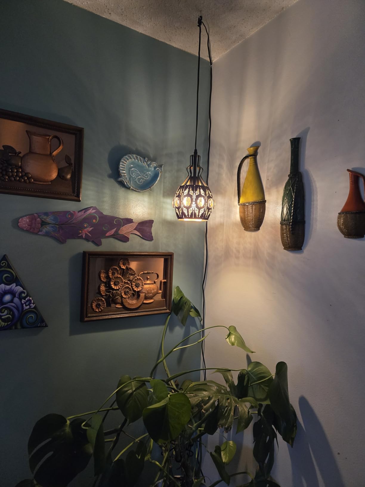 YLONG-ZS Hanging Lamp Swag Lights Plug in Pendant Light, Hanging Lights with Plug in Cord Small Black Vintage Rustic Dimmable Hanging Ceiling Lamp for Corner Restaurant Living Room Bedroom customer photo 1