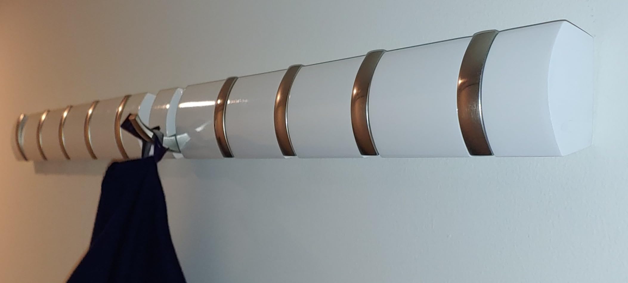 Umbra Flip Coat Rack, Wall Mounted 5-Hook Space Saving, Walnut/Gold, Real wood and steel build, retractable hooks fold flat, holds coats bags and scarves, easy install customer photo 2
