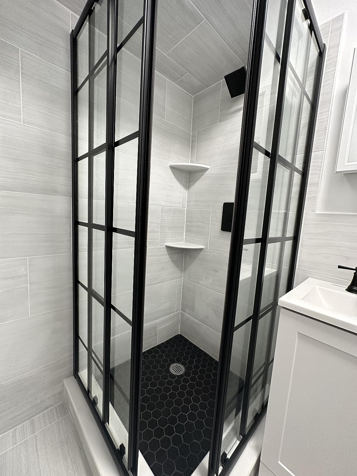 ELEGANT Framed Sliding Shower Enclosure 36 in. D x 36 in. W x 72 in. H, 2 Stationary Panels, 1/4'' Clear Glass Sliding Shower Doors, Black Brushed Nickel (Shower Base Not Included) customer photo 2