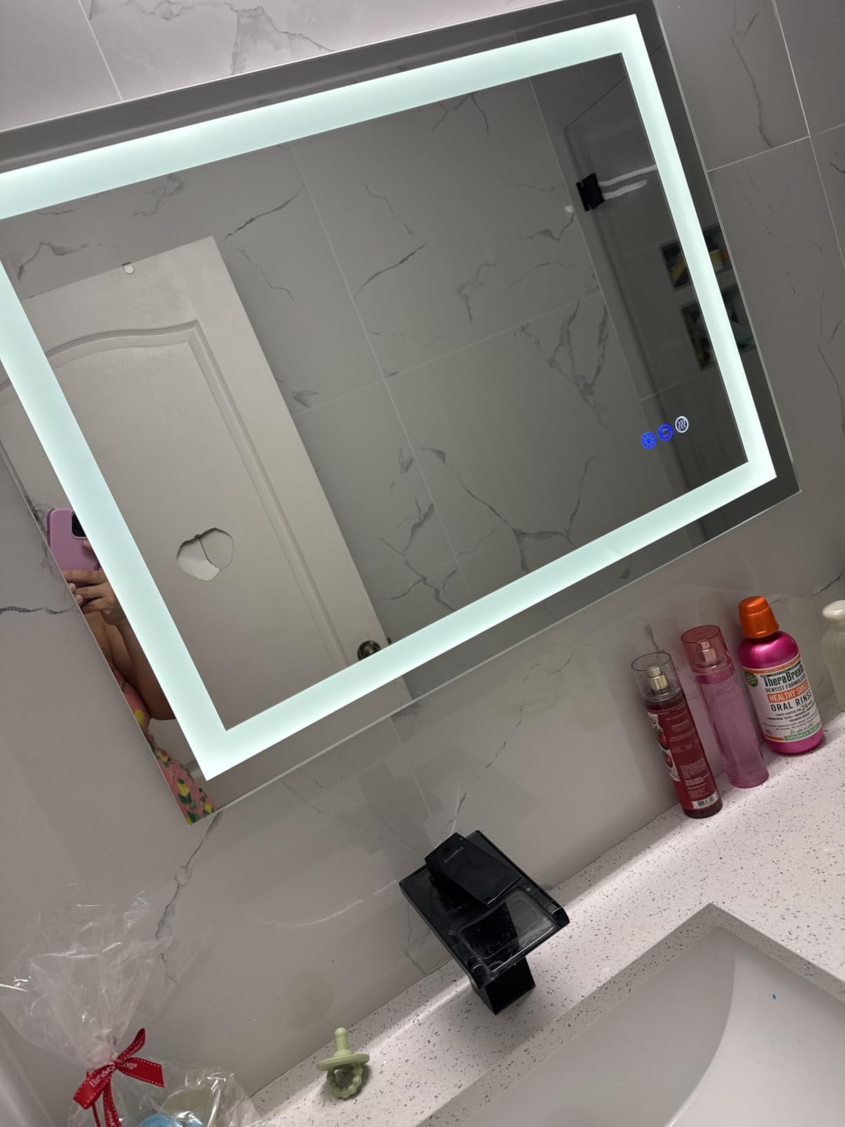 TATU LED Bathroom Mirror, 36x28 Inch Bathroom Vanity Mirror Wall Mounted with 3000K-6000K Adjustable, Anti-Fog, Smart Touch Button, Stepless Dimmable Lighted Makeup Mirror, Horizontal/Vertical customer photo 2