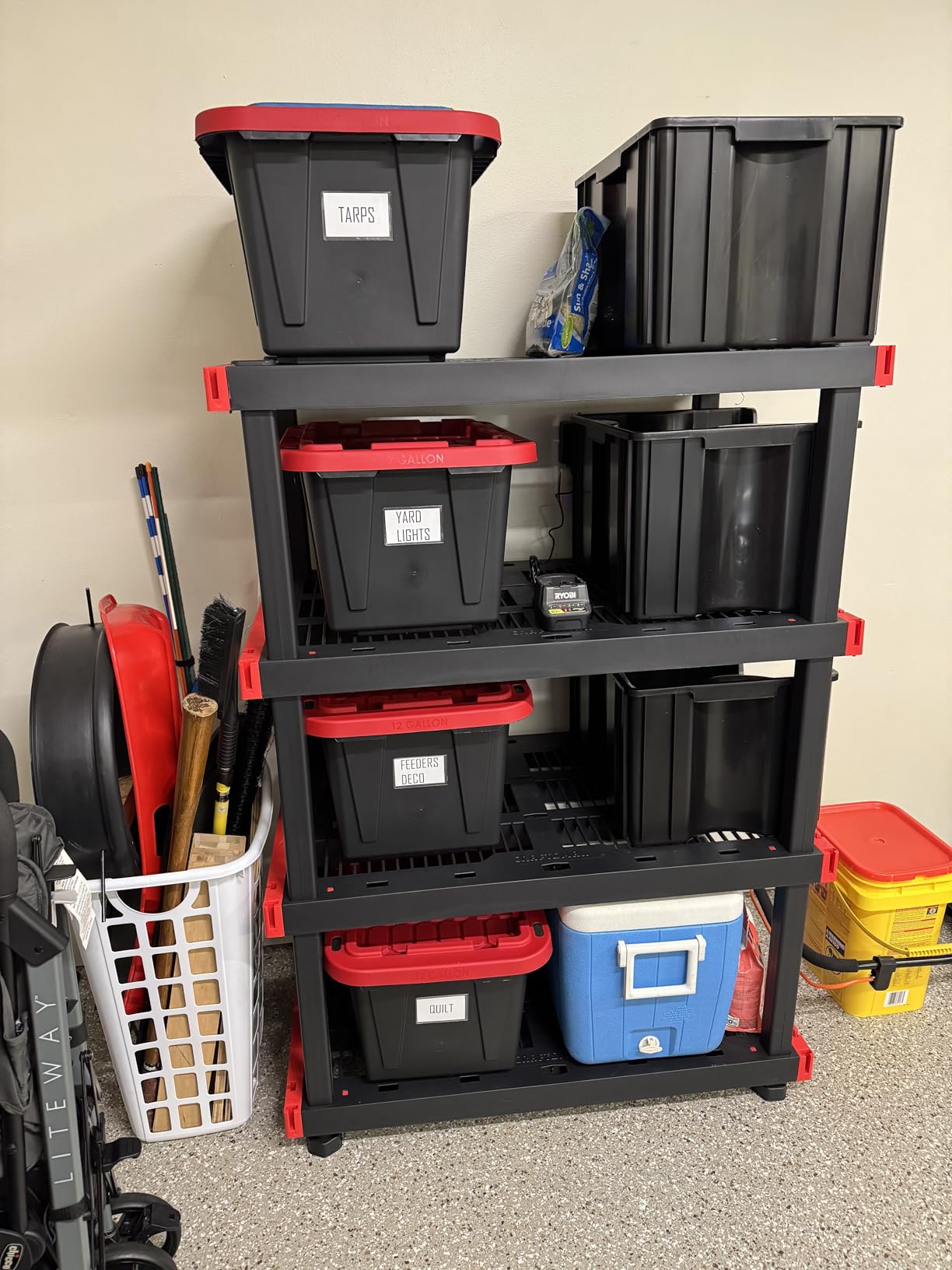 CX Craftsman 5-Tier Heavy Duty Plastic Storage Shelves, Garage Organization | 5-tier storage rack organizes garages, workshops & basements, 200 lb/shelf, 72.3H x 40W x 24D, easy assembly, black/red customer photo 2