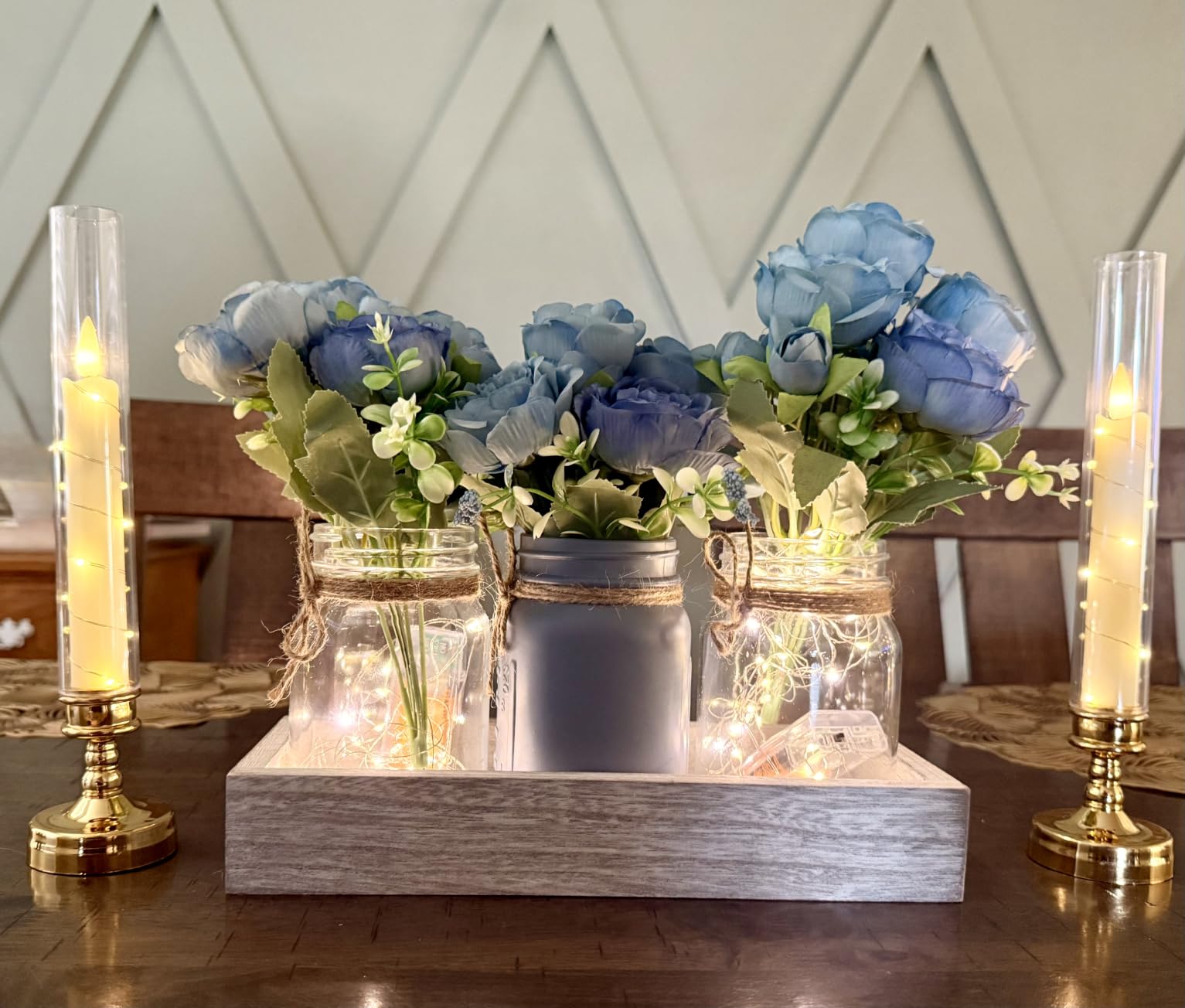 Mkono Mason Jar Lights Centerpieces for Tables Dining Room Farmhouse Decor | Wood Tray Peonies Artificial Flowers Champagne, Warm Glow, Coffee Table Decoration Kitchen Living Room Wedding Indoor Outdoor customer photo 2