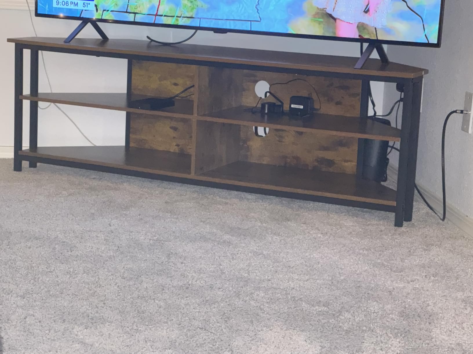 Unikito 55'' Corner TV Stand with Power Outlet, Corner Entertainment Center TV Console Table with 4 Open Storage Shelves, Metal Frame for Living Room, Bedroom, Industrial 60'' Corner TV Stand, Rustic customer photo 2