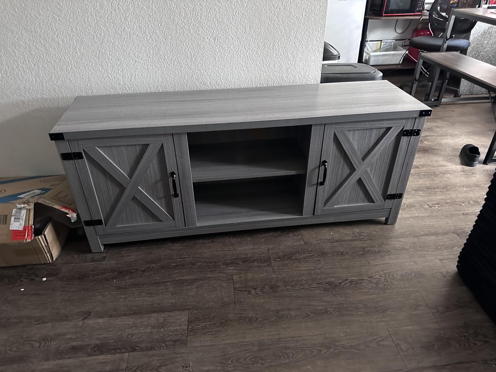 YESHOMY Modern Farmhouse TV Stand with Barn Door for 65 Inch TV, Gray Wash | Two Barn Doors and Storage Cabinets, 58 Inch Media Entertainment Center, Media Console Furniture for Living Room customer photo 1