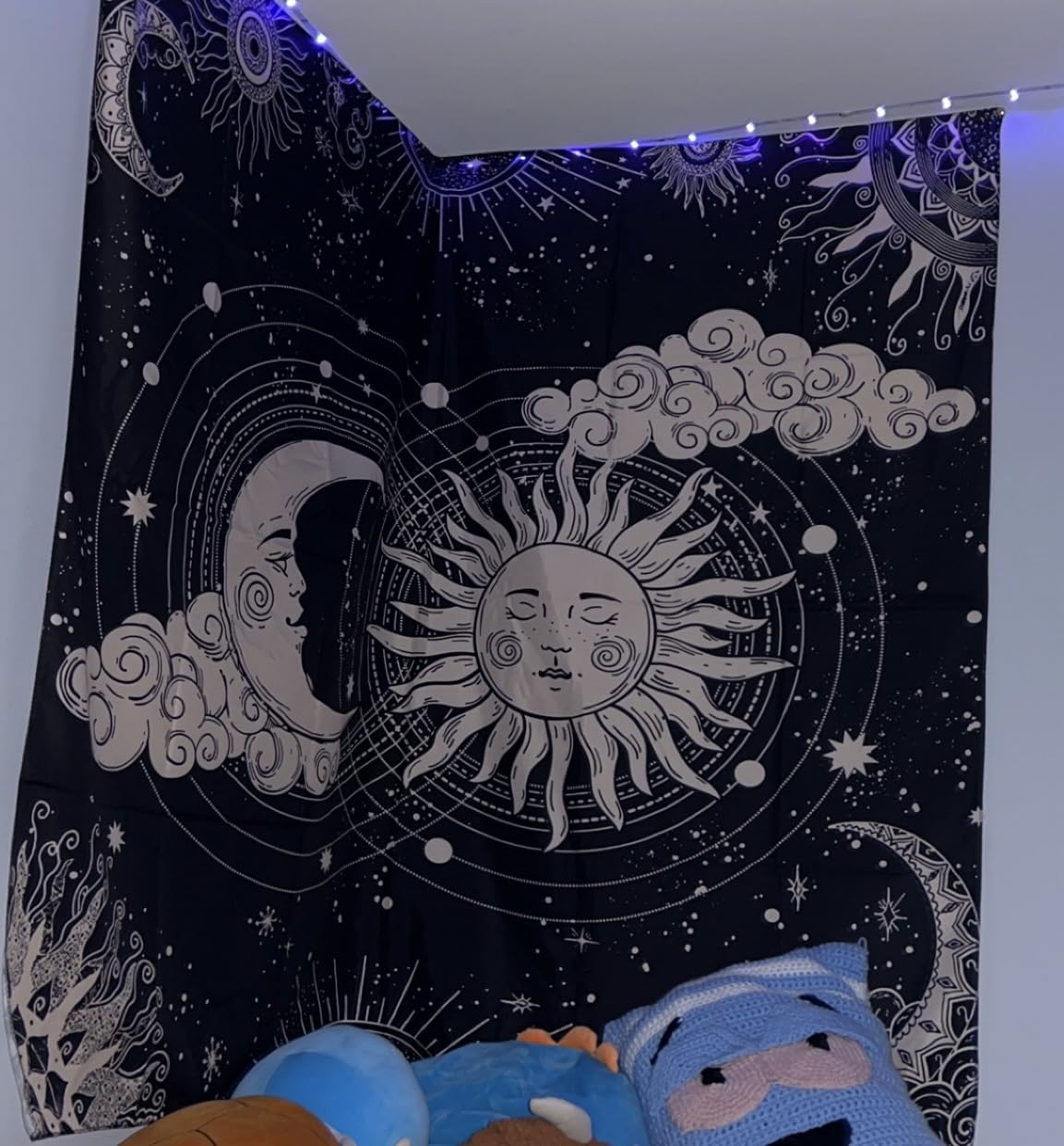 Wonrizon Sun and Moon Tapestry, Aesthetic Black Dark Spiritual Tapestries Mystic Burning Sun with Clouds Star Wall Hanging decor for Bedroom (51.2