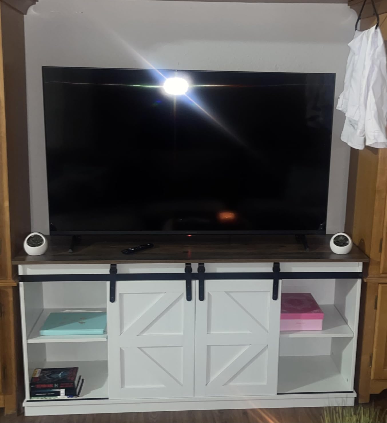 JUMMICO TV Stand for 65 Inch TV, Sliding Barn Doors, Bright White | Farmhouse Entertainment Center, Storage Cabinets, Adjustable Shelves, Media Console for Living Room, Bedroom customer photo 1