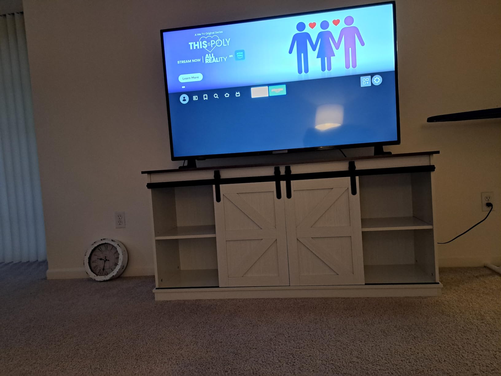 JUMMICO TV Stand for 65 Inch TV, Sliding Barn Doors, Bright White | Farmhouse Entertainment Center, Storage Cabinets, Adjustable Shelves, Media Console for Living Room, Bedroom customer photo 2