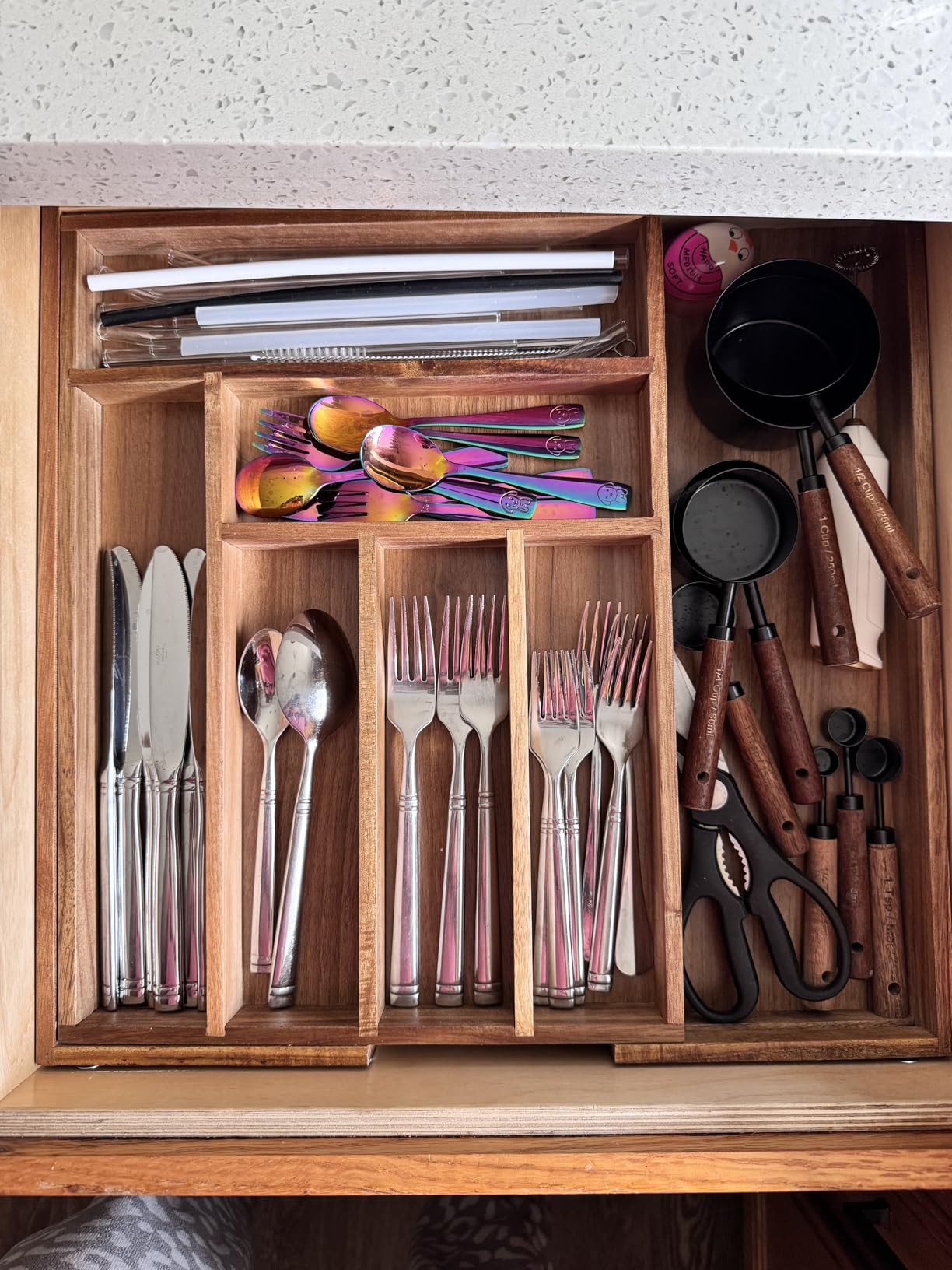 Luxury Acacia Kitchen Drawer Organizer - Silverware Organizer - Utensil Holder and Cutlery Tray with Grooved Drawer Dividers for Flatware and Kitchen Utensils (8 Slot), 17*12.4*2 inch customer photo 1