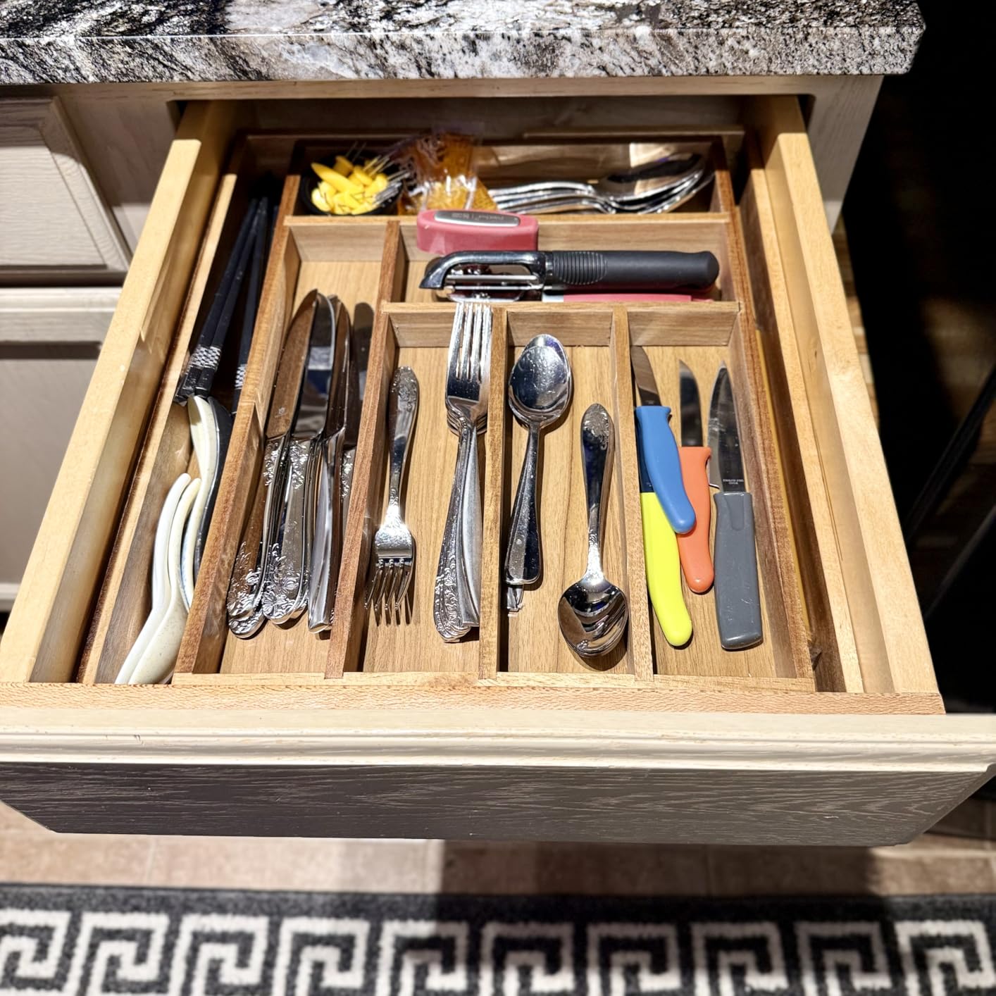 Luxury Acacia Kitchen Drawer Organizer - Silverware Organizer - Utensil Holder and Cutlery Tray with Grooved Drawer Dividers for Flatware and Kitchen Utensils (8 Slot), 17*12.4*2 inch customer photo 2