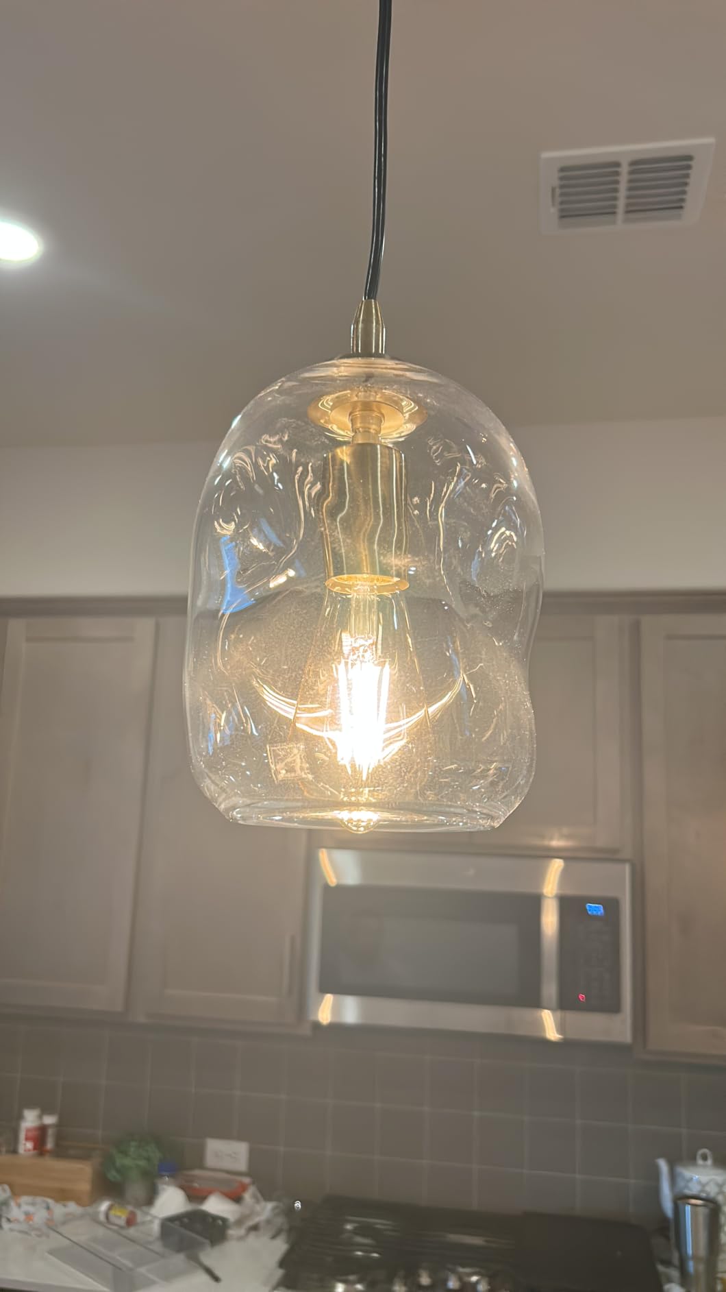 CASAMOTION Pendant Lights Kitchen Island, Gold, Clear Art Glass 2 Pack | Modern Contemporary Ceiling Hanging,Dining Table Bedroom,Small Organic Globe 8 Inch,ETL Certification customer photo 2