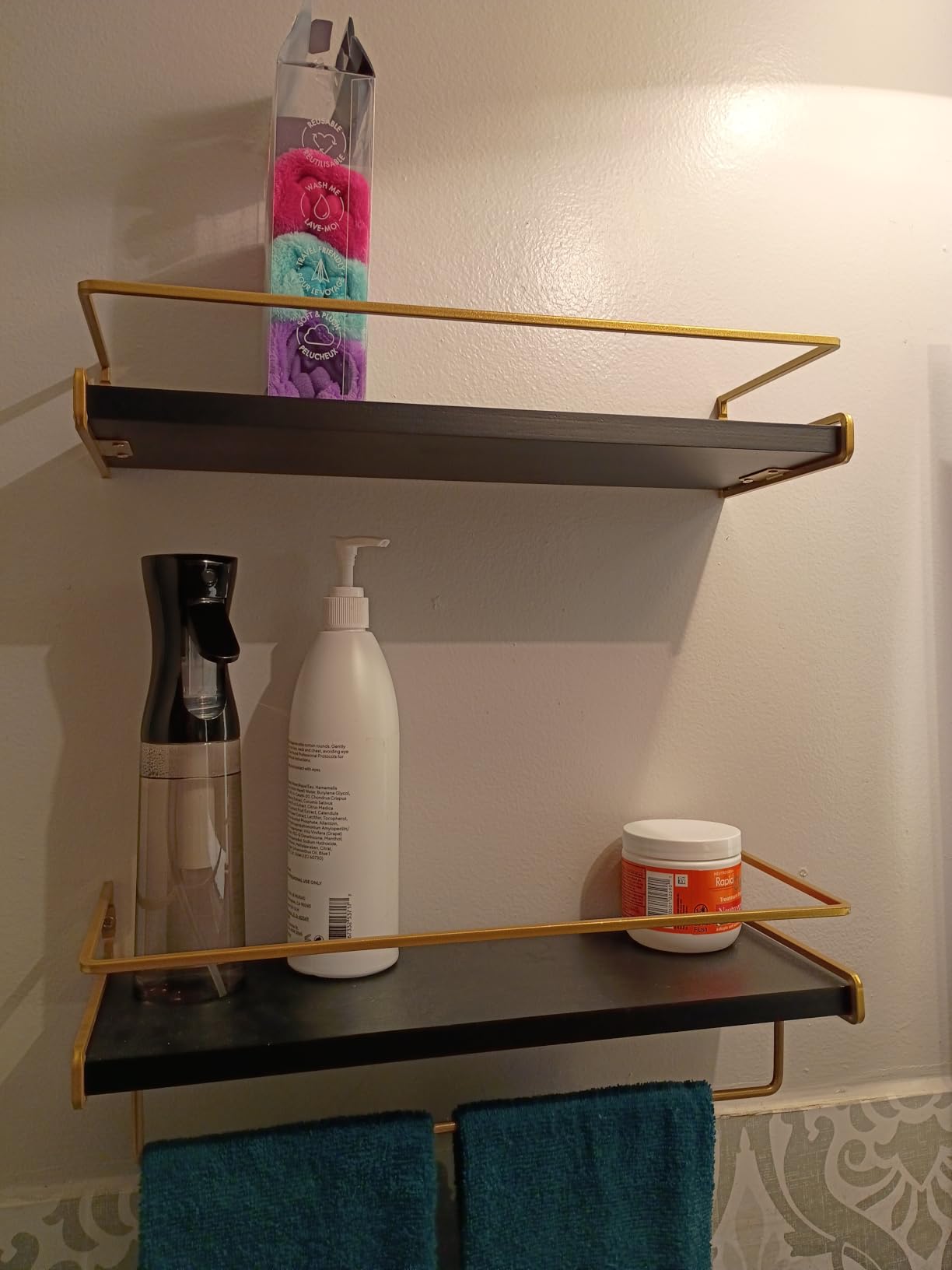 Forbena Floating Bathroom Shelves Wall Mounted, Aesthetic White and Gold Shelves for Bathroom Accessories, Modern Bathroom Organizer with Tower Bar for Wall Decor Storage Small Spaces, Set of 2 customer photo 2