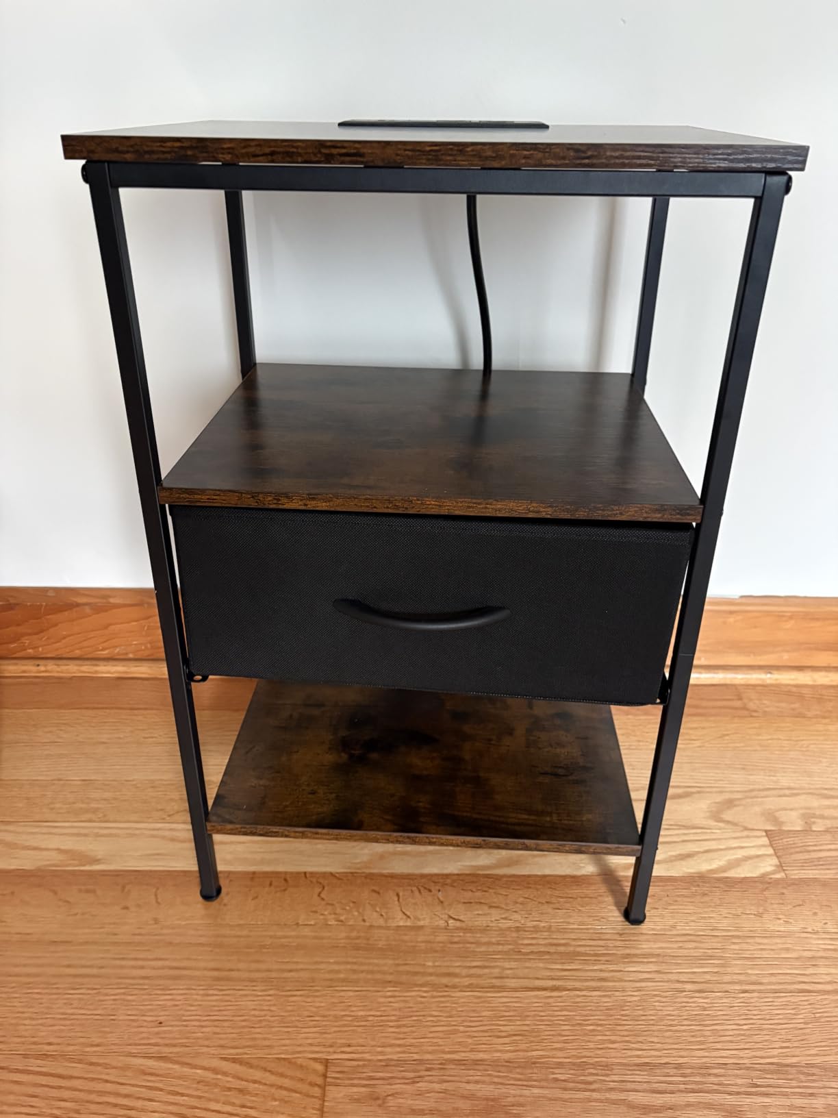 SUPERJARE Nightstand with Charging Station, Bed Side Table with Adjustable Fabric Drawer, Night Stand for Bedroom, 3-Tier Storage End Table, Rustic Brown and Black customer photo 1