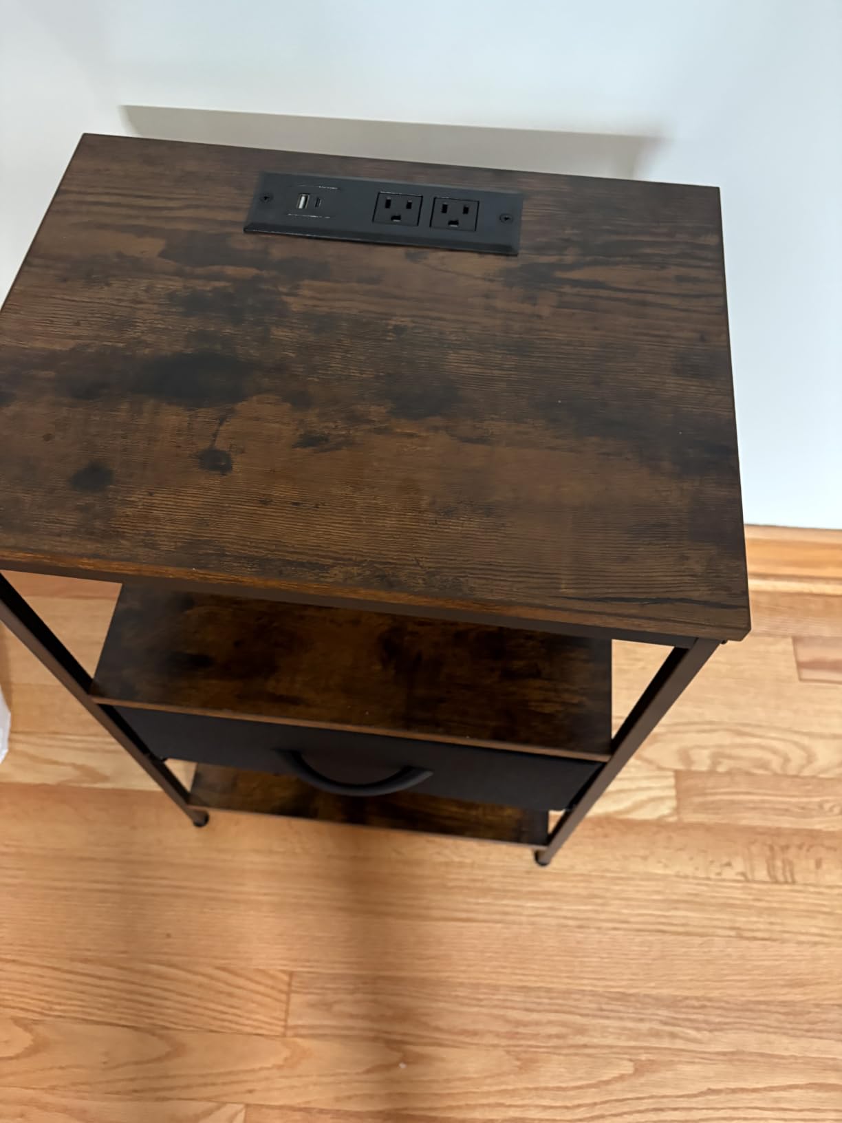 SUPERJARE Nightstand with Charging Station, Bed Side Table with Adjustable Fabric Drawer, Night Stand for Bedroom, 3-Tier Storage End Table, Rustic Brown and Black customer photo 2
