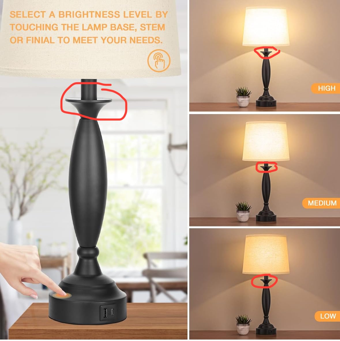 Bedroom Lamps for Nightstand, 3 Way Dimmable Silver Bedside Lamps with USB | Touch, USB C+A Ports, Bulb Included, Gray Shade, Silver, Chrome, Bed Side lamps for Night Stands, Living Room customer photo 1