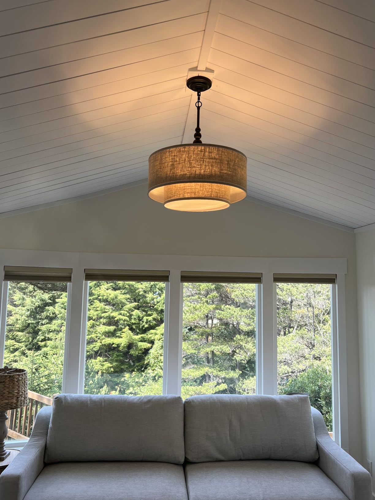Shrine Lighting Drum Chandeliers, Farmhouse Style, Perfect Drum Pendant Light for Dining Room, D20'' x H7'', Adjustable Chains 59'', E26*3 Sockets, Beige Linen Fabric Lampshade & Black Rod customer photo 2