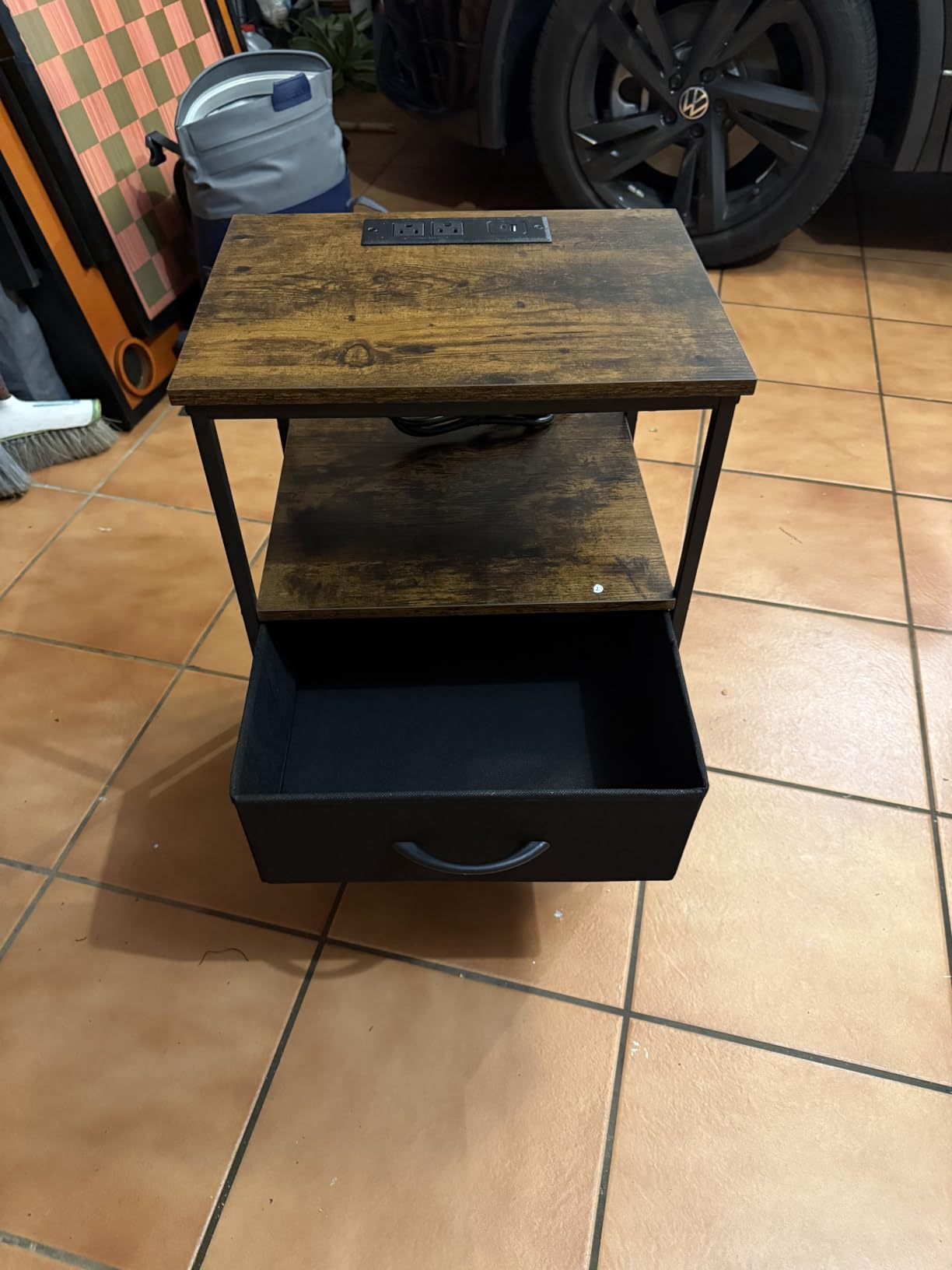 Huuger Nightstand with Charging Station, Side Table with Fabric Drawers, End Table with Open Shelf, Bedside Table with USB Ports and Outlets, Night Stand for Bedroom, Rustic Brown and Black customer photo 2