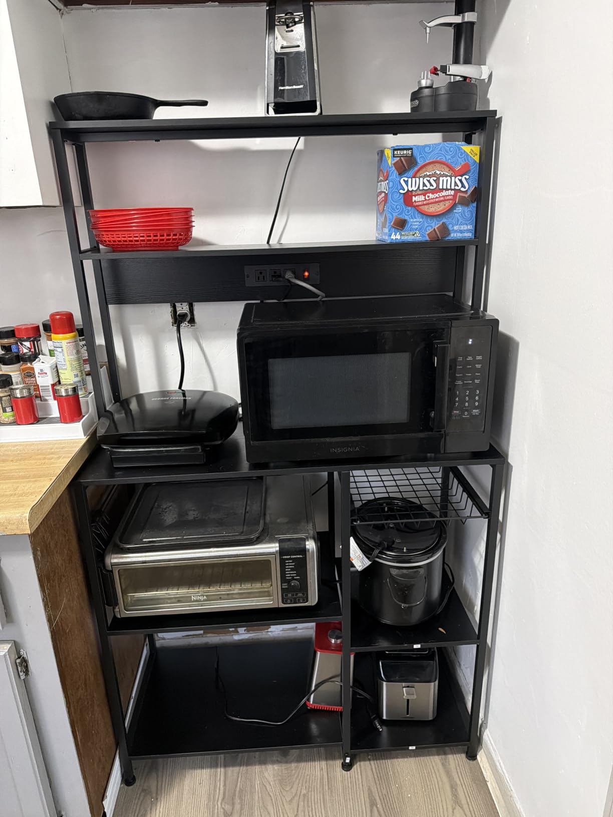SUPERJARE Bakers Rack with Power Outlet, 35.4 Inches Coffee Bar with Basket | Kitchen Microwave Stand with 6 S-Shaped Hooks, Open Storage Shelves, Rustic Brown customer photo 2