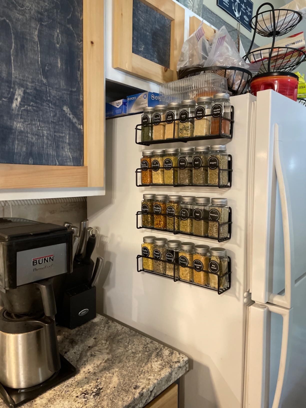 VITEVER Magnetic Spice Rack, 4 Pack, 24 Square Glass Jars with Lids, Quick-Find Pre-Printed Labels, Funnel, Space Saver, Refrigerator and Microwave Oven Organizer customer photo 2