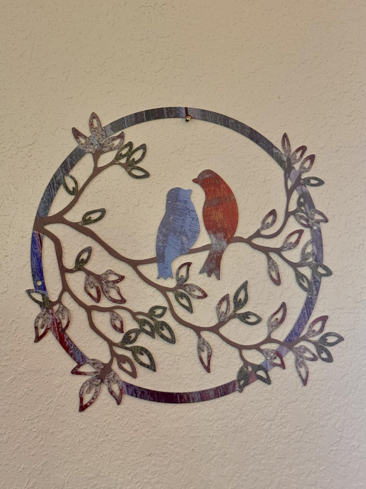 Ferraycle Metal Wall Art Bird on Tree Branch Silhouette Bird Hanging Ornament Porch Wall Decor for Living Room Outdoor Garden Bedroom Office Housewarming Party Decoration(Fresh Color) customer photo 1