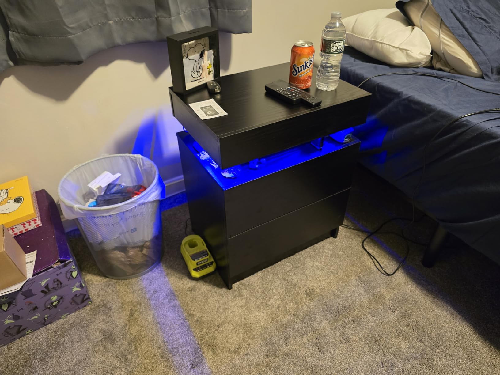 LIKIMIO Nightstand with Charging Station LED Light and 2 Drawers Black, bedside table, end table, black wood grain, small spaces, for bedroom, living room customer photo 1