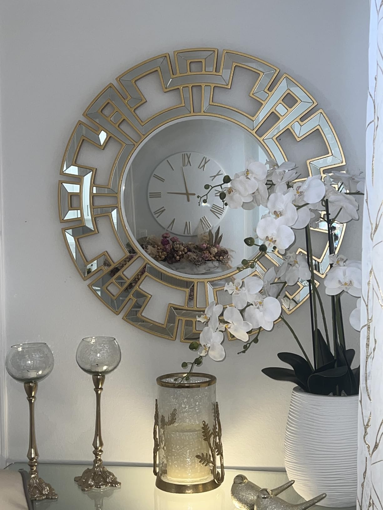 Chende Gold Mirrors for Decor, 32'' Round Wall Mirror with Beveled Glass Frame, Modern Decorative Mirror with Wood Frame for Living Room, Entryway, Dining Room, Bathroom customer photo 2