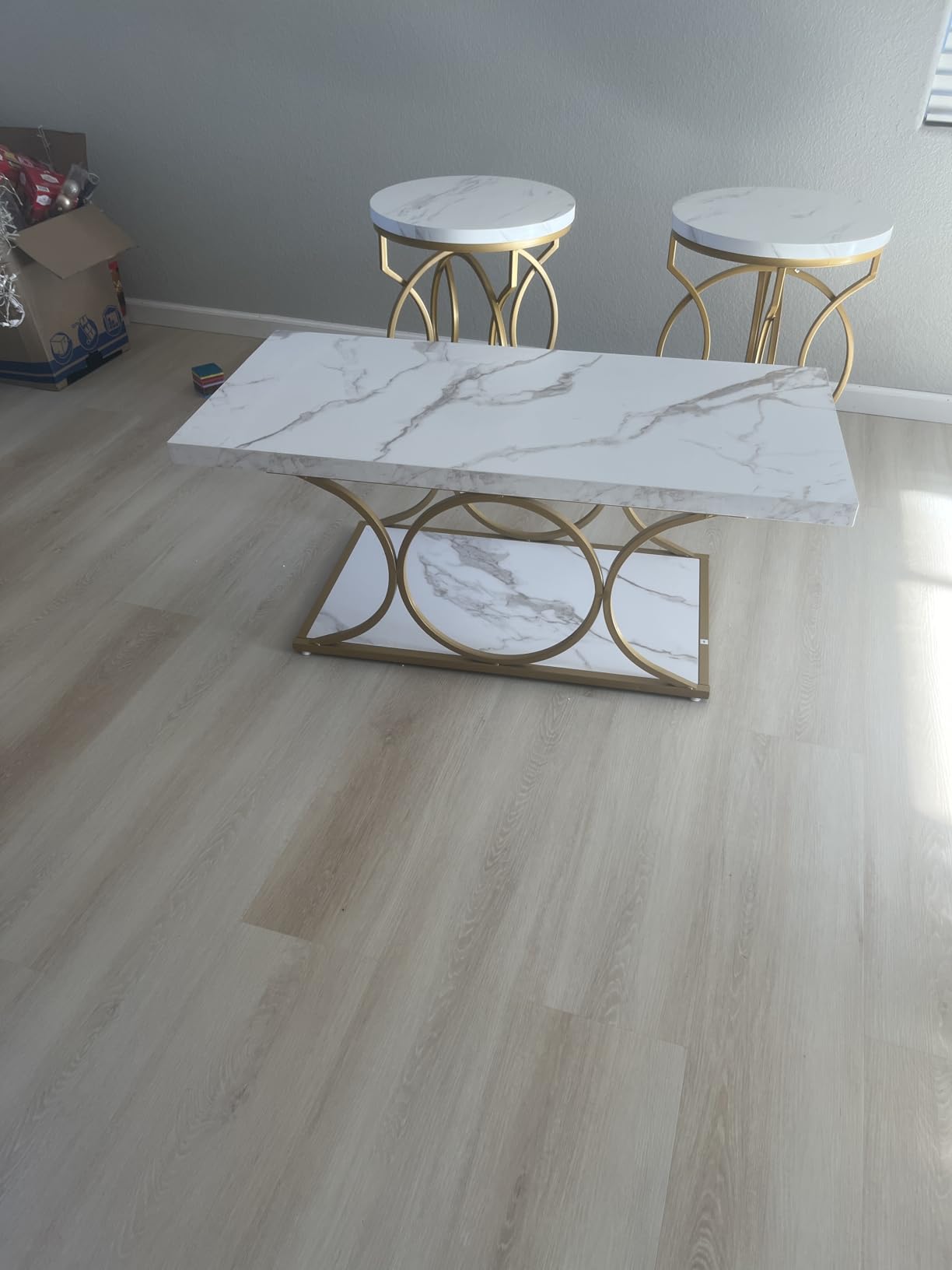 Tribesigns 46.45 inch Rectangle Coffee Table, Modern Coffee Tables for Living Room, 2-Tier Faux Marble Wood Coffee Table with Geometric Legs, Furniture with Storage Shelf (White & Gold) customer photo 1