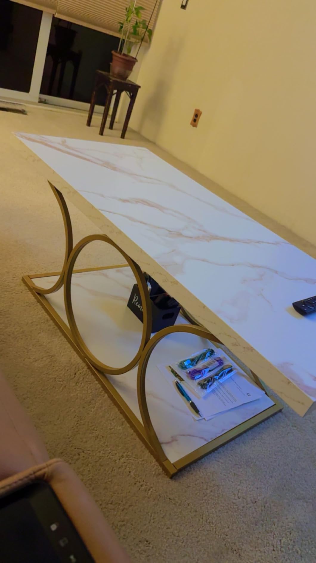 Tribesigns 46.45 inch Rectangle Coffee Table, Modern Coffee Tables for Living Room, 2-Tier Faux Marble Wood Coffee Table with Geometric Legs, Furniture with Storage Shelf (White & Gold) customer photo 2