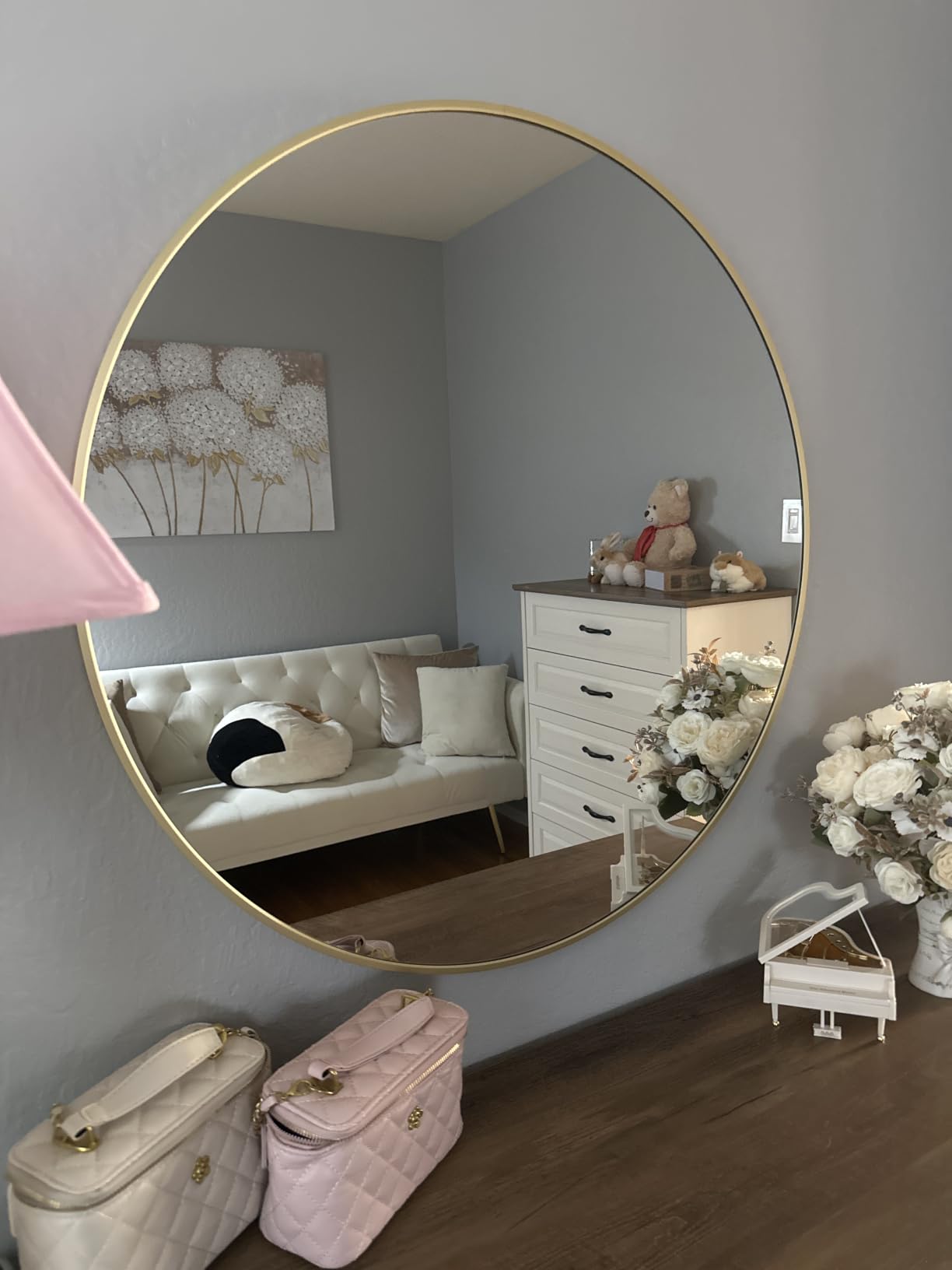 XRAMFY 30 Inch Round Mirror-Gold Circle Mirrors for Bathroom, Entryway | Modern Hanging Vanity Mirror for Livingroom, Wall Decor, Bedroom, Matte Gold Circle Decorative Wall Mirror customer photo 2
