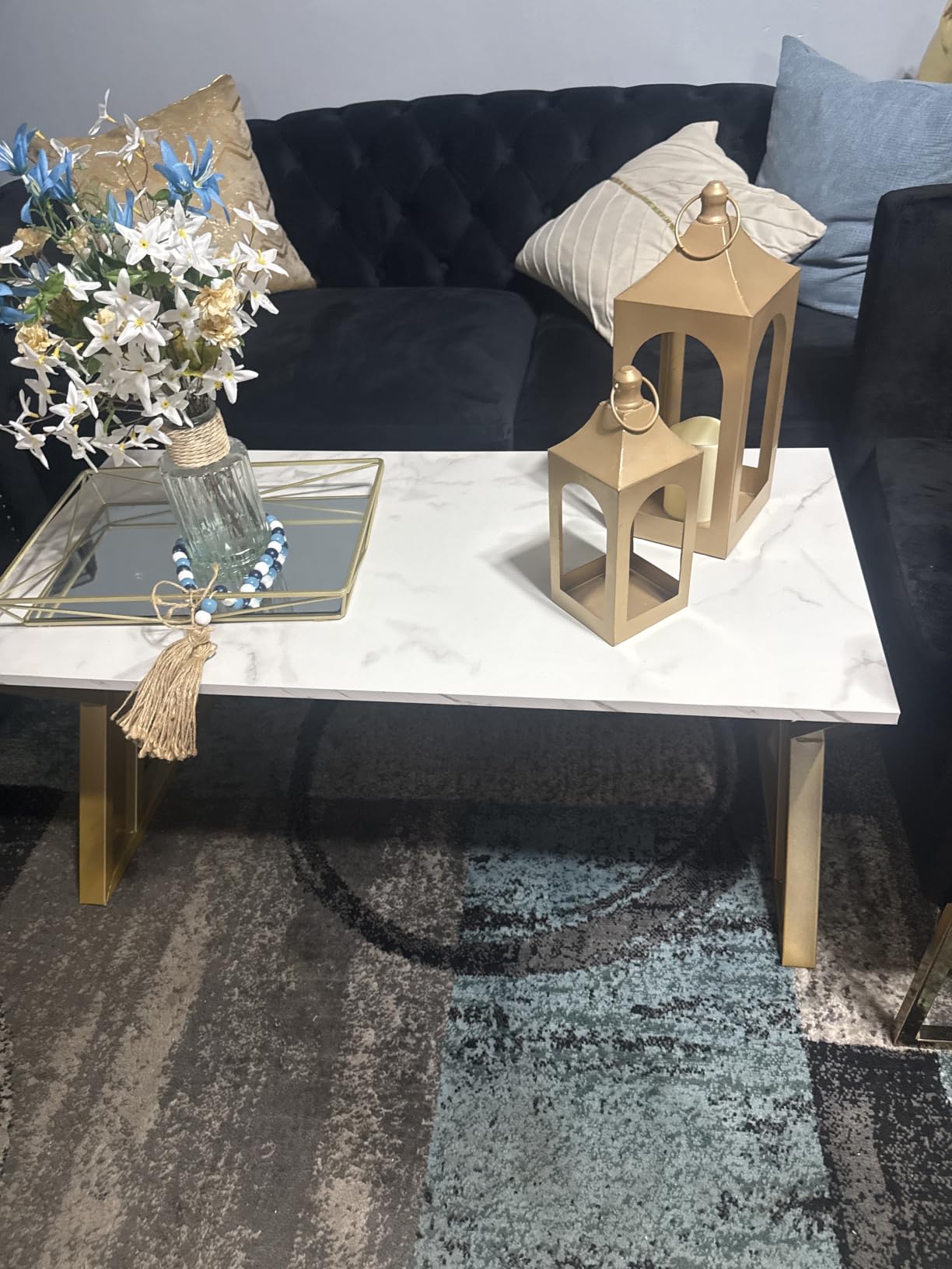 Wolawu Coffee Table Living Room Table White Center Table, Simple Modern Faux Marble Rectangular Tea Tables with Sturdy Gold Metal Frame, Industrial Wooden Coffee Table for Bedroom Home Office customer photo 2