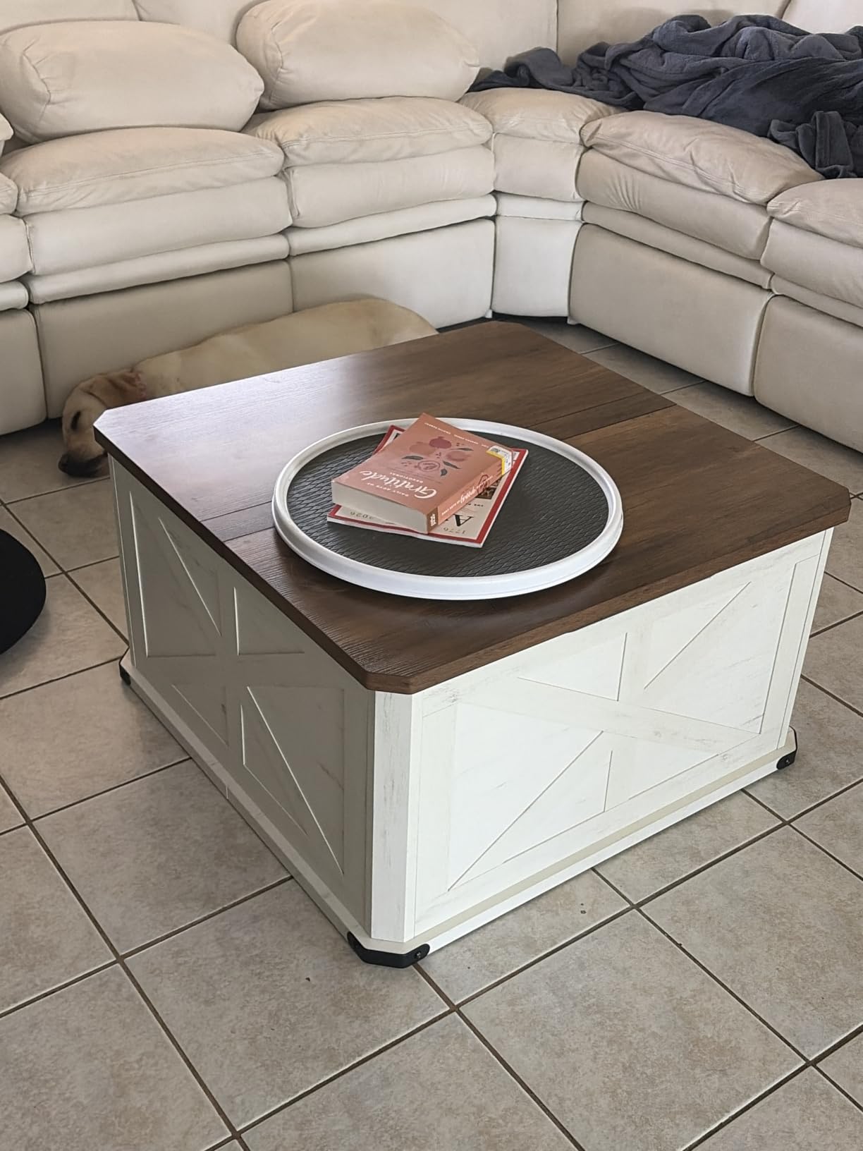 VASAGLE Farmhouse Coffee Table with Storage, Flip-Top Lids | Square Coffee Table for Living Room, with Hidden Compartment, Honey Brown and Rustic White, LIRY Collection ULCT232W73 customer photo 2