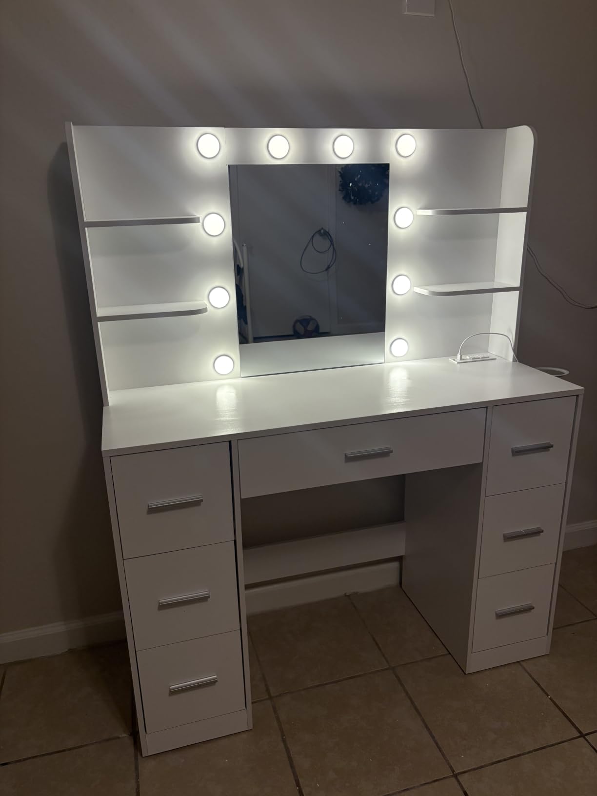 YESHOMY Vanity Desk with Mirror, Outlet, 10 Lights & 7 Drawers, Pure White | Lighted Mirror with 3 Color Modes, Makeup Table, Large Storage Capacity, Available for bedroom customer photo 2