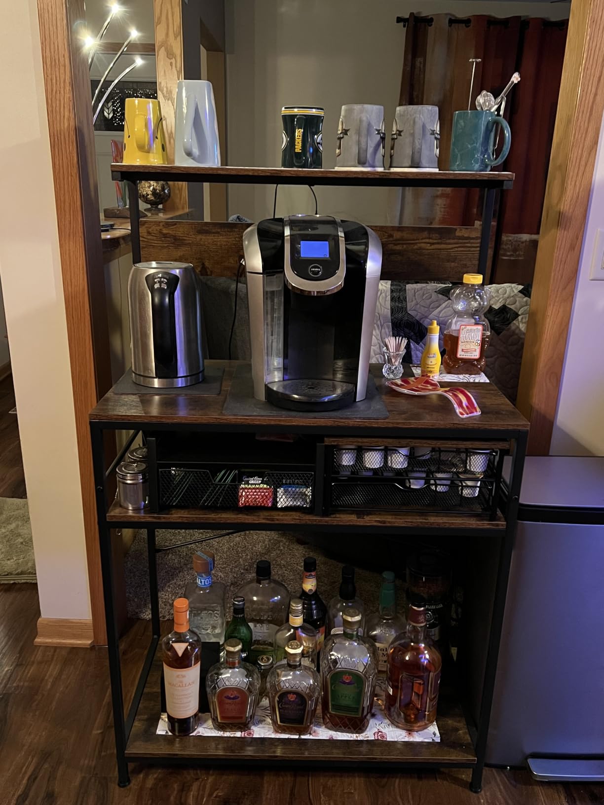 SUPERJARE Bakers Rack with Power Outlets, Microwave Stand, 31.5 X 16.5 Inch Larger Desktop, Kitchen Storage Rack with Adjustable Middle Shelf, 6 S-Shaped Hooks, Coffee Bar Stand, Rustic Brown customer photo 2