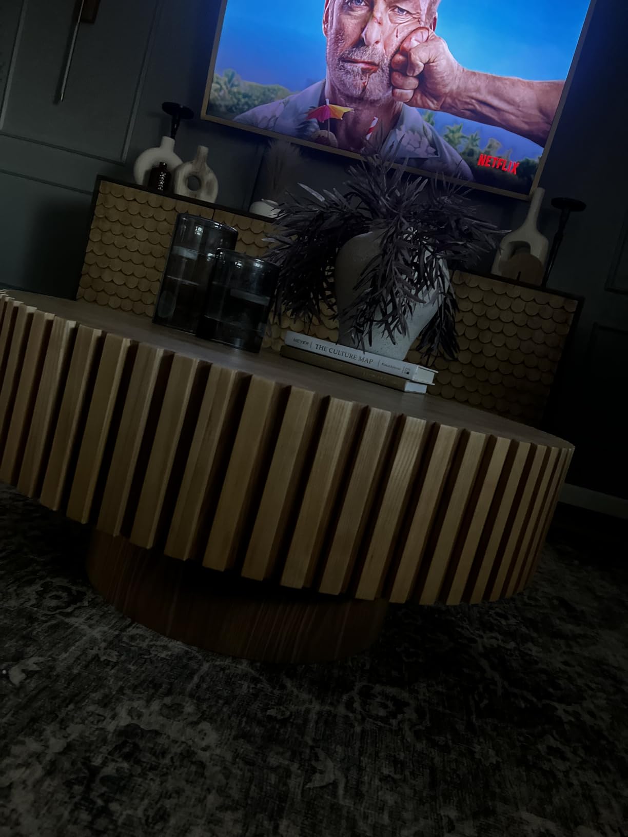 Round Coffee Table with Fluted Design, Wood Oak | Modern Drum Center Table Circle Tea Table for Living Room Apartment, Contemporary, Easy Assembly, 31.49