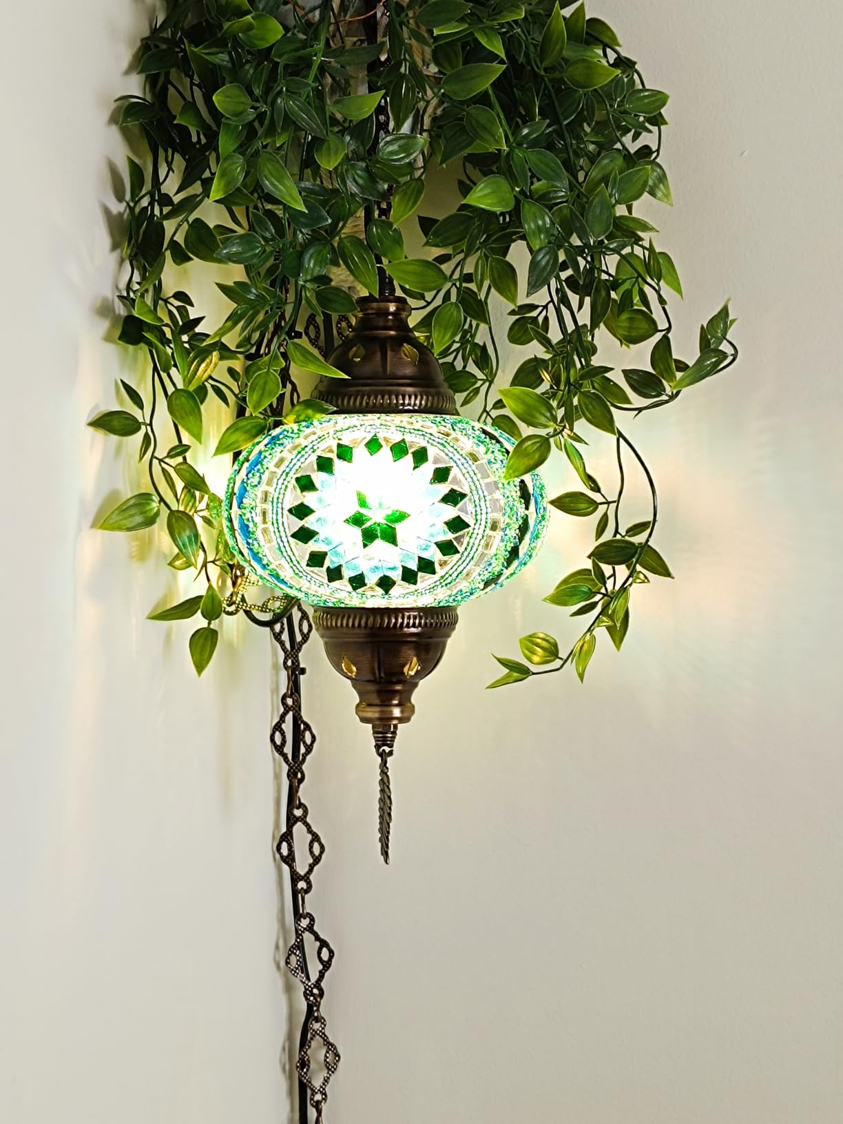 DEMMEX Plug-in Turkish Moroccan Mosaic Hanging Pendant Ceiling Light - Swag Lamp Fixture with 15ft Cord & Chain, Handcrafted Glass, Tiffany Style, Mediterranean Decor (Amber Brown) customer photo 2