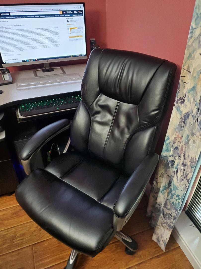 Amazon Basics Executive High Back Office Chair, Adjustable Height, Tilt, Swivel, Padded Armrests, Brown/Gold customer photo 2