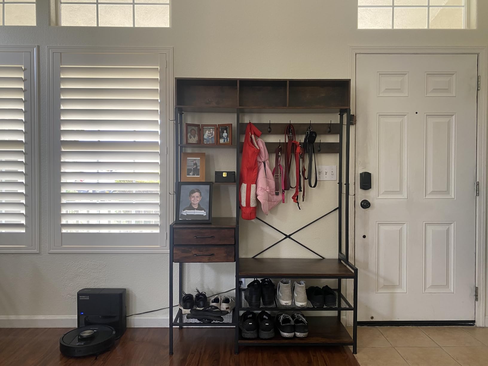 Itaar Hall Tree with Bench and Shoe Storage, 7-in-1 Entryway Bench with Coat Rack, 3 Storage Cubbies, 3 Open Shelves, 17 Coat Hooks, 2 Fabric Drawers (Rustic Brown) customer photo 2